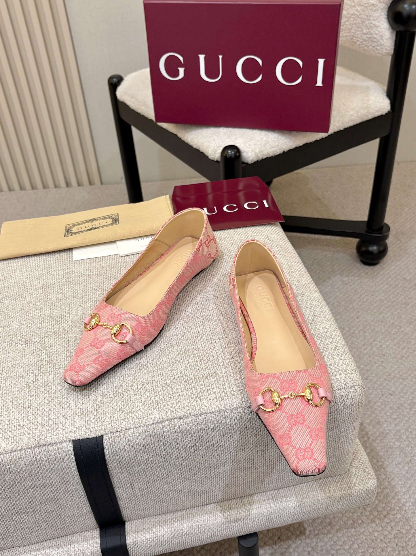 GG Canvas Square Toe Ballet Flats – Pastel Pink Woven Monogram Open-Toe Slipper Mules