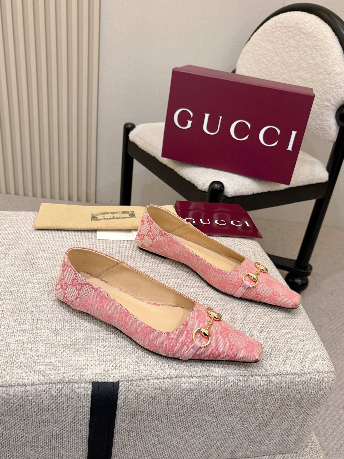 GG Canvas Square Toe Ballet Flats – Pastel Pink Woven Monogram Open-Toe Slipper Mules