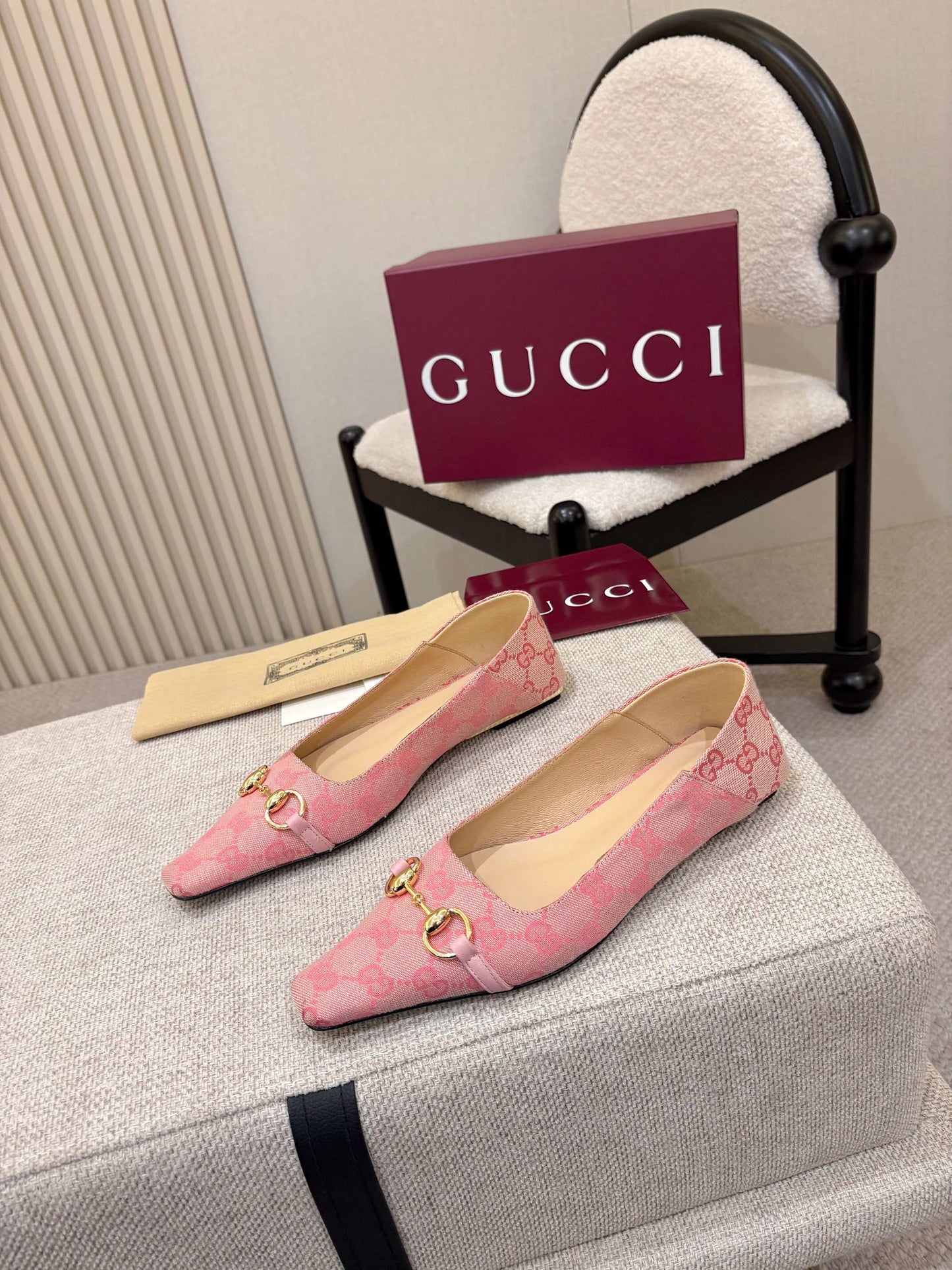 GG Canvas Square Toe Ballet Flats – Pastel Pink Woven Monogram Open-Toe Slipper Mules