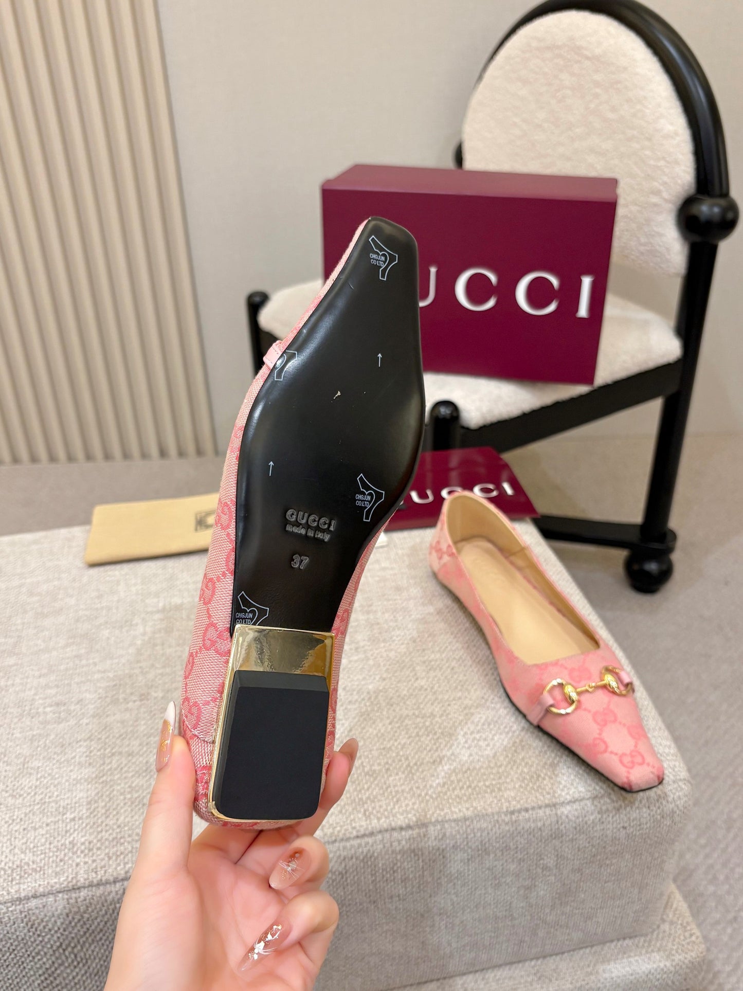 GG Canvas Square Toe Ballet Flats – Pastel Pink Woven Monogram Open-Toe Slipper Mules