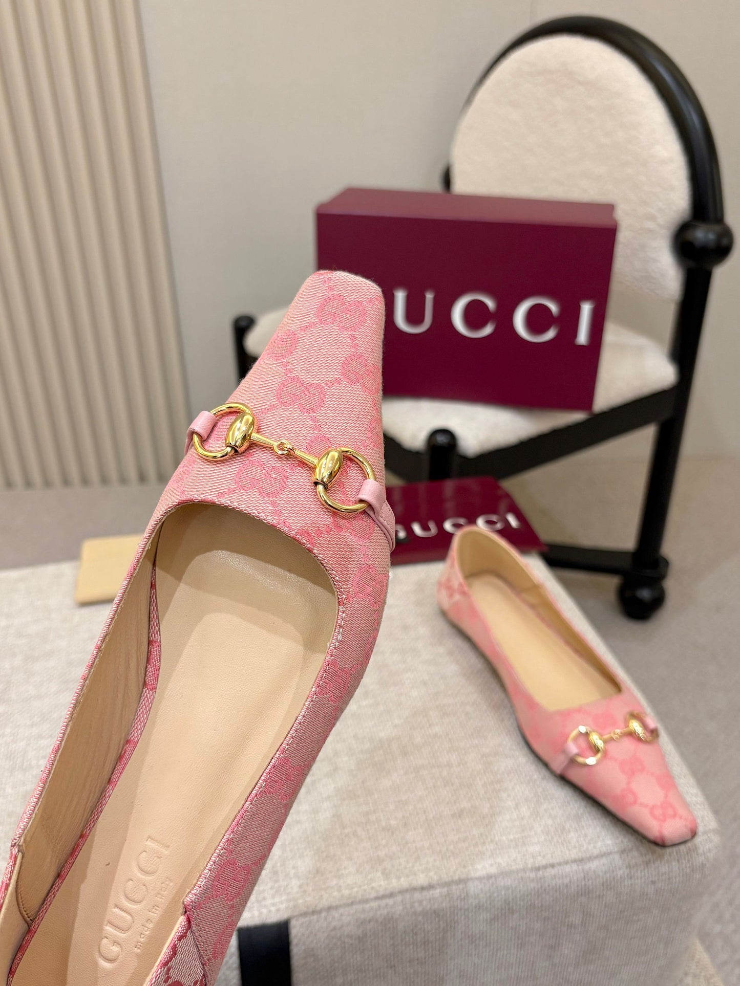 GG Canvas Square Toe Ballet Flats – Pastel Pink Woven Monogram Open-Toe Slipper Mules