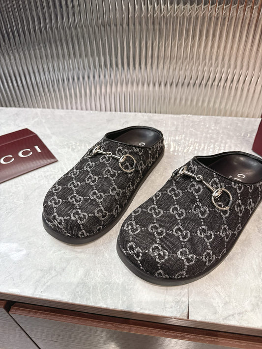 Gucci Horsebit Denim Mule – Black & Dark Grey GG Monogram Jacquard with Silver Hardware