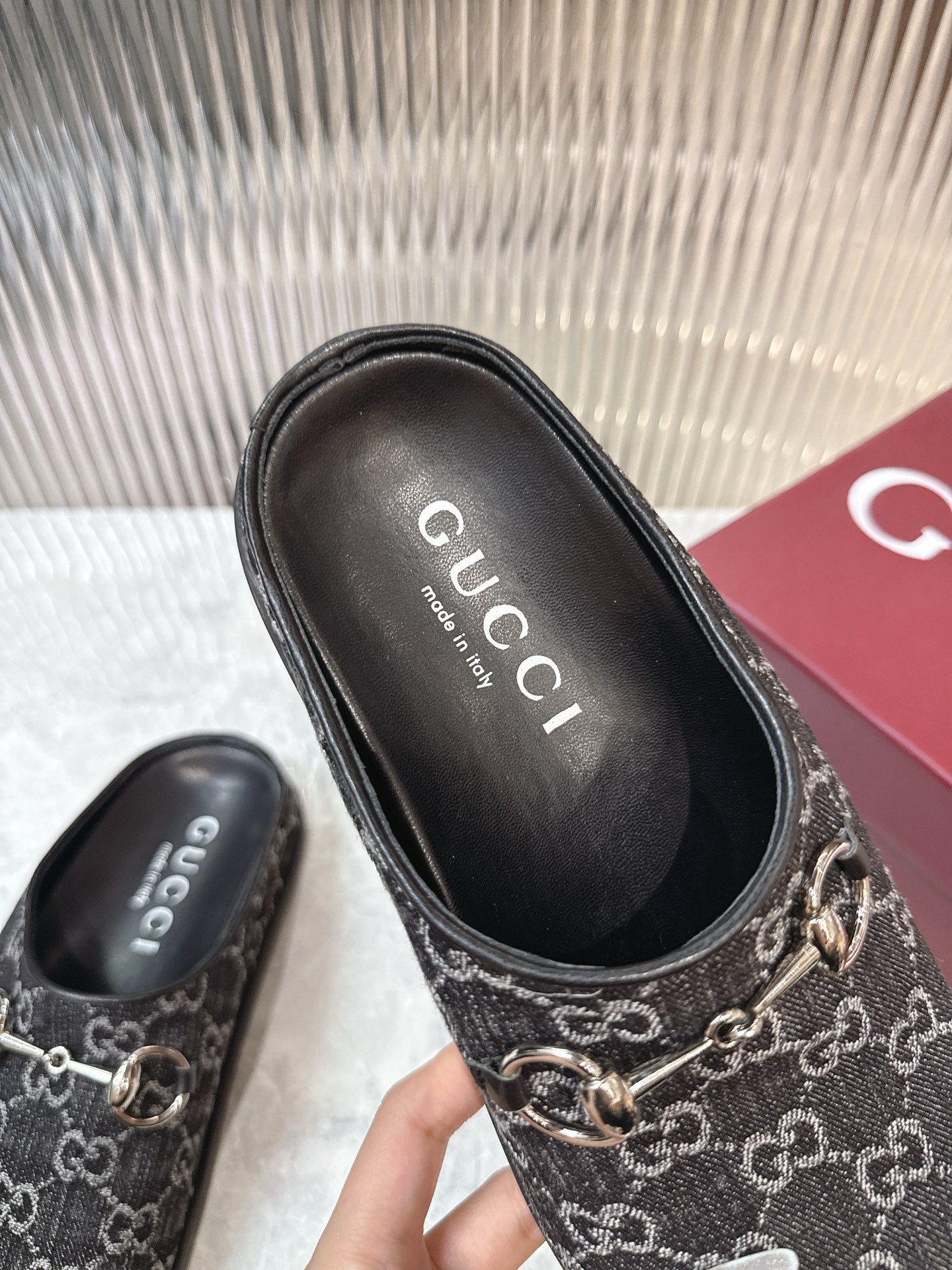Gucci Horsebit Denim Mule – Black & Dark Grey GG Monogram Jacquard with Silver Hardware