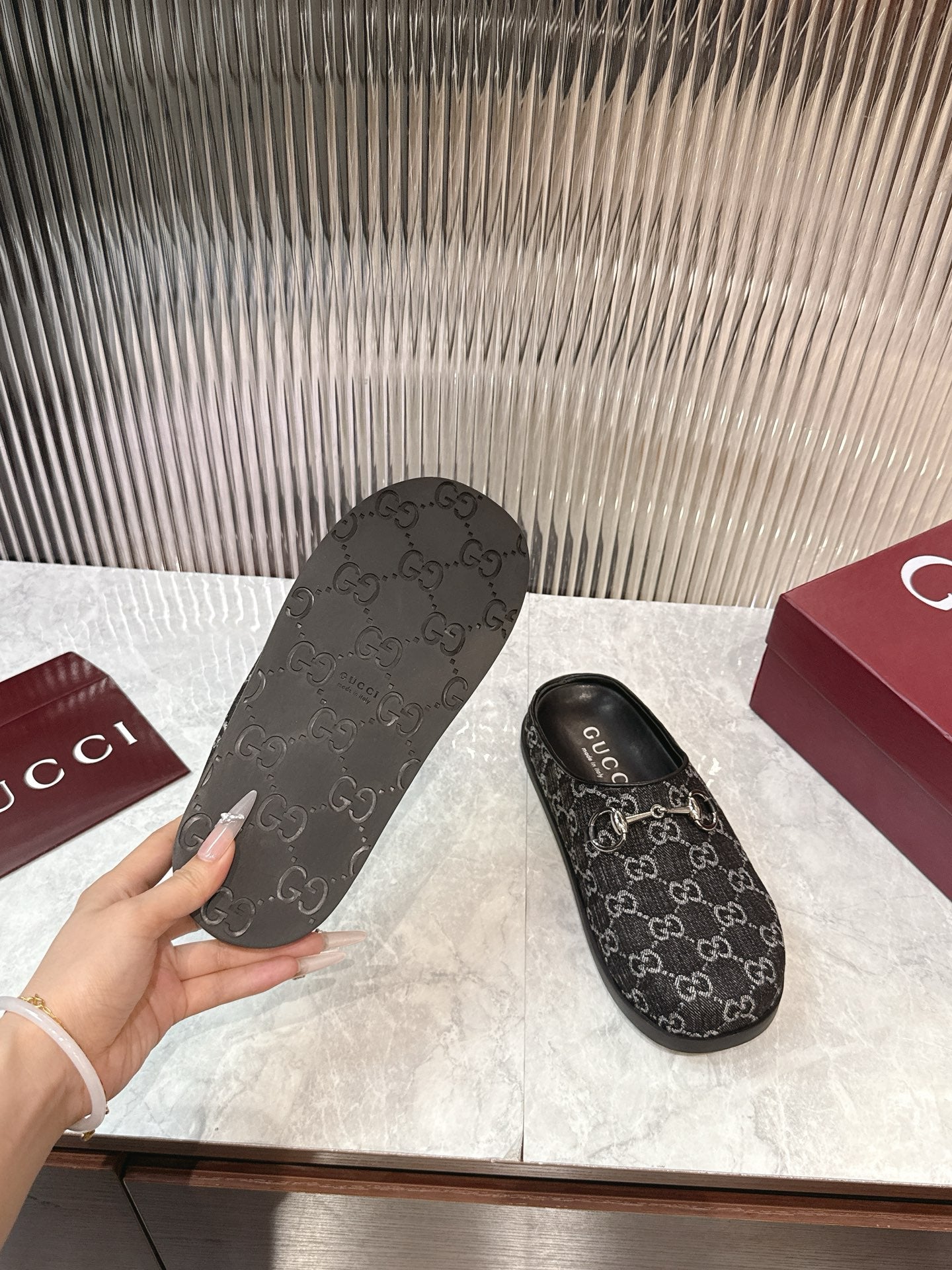 Gucci Horsebit Denim Mule – Black & Dark Grey GG Monogram Jacquard with Silver Hardware