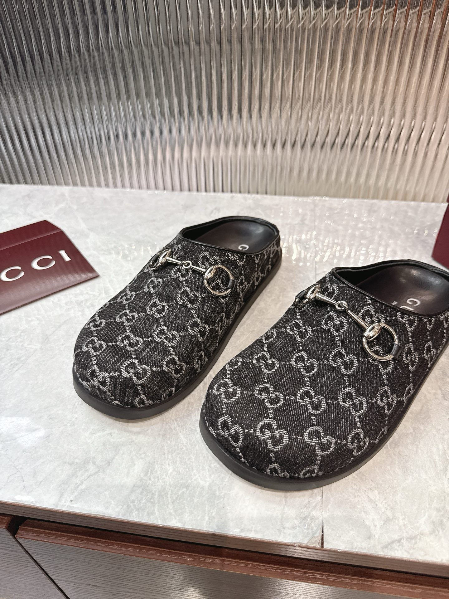 Gucci Horsebit Denim Mule – Black & Dark Grey GG Monogram Jacquard with Silver Hardware