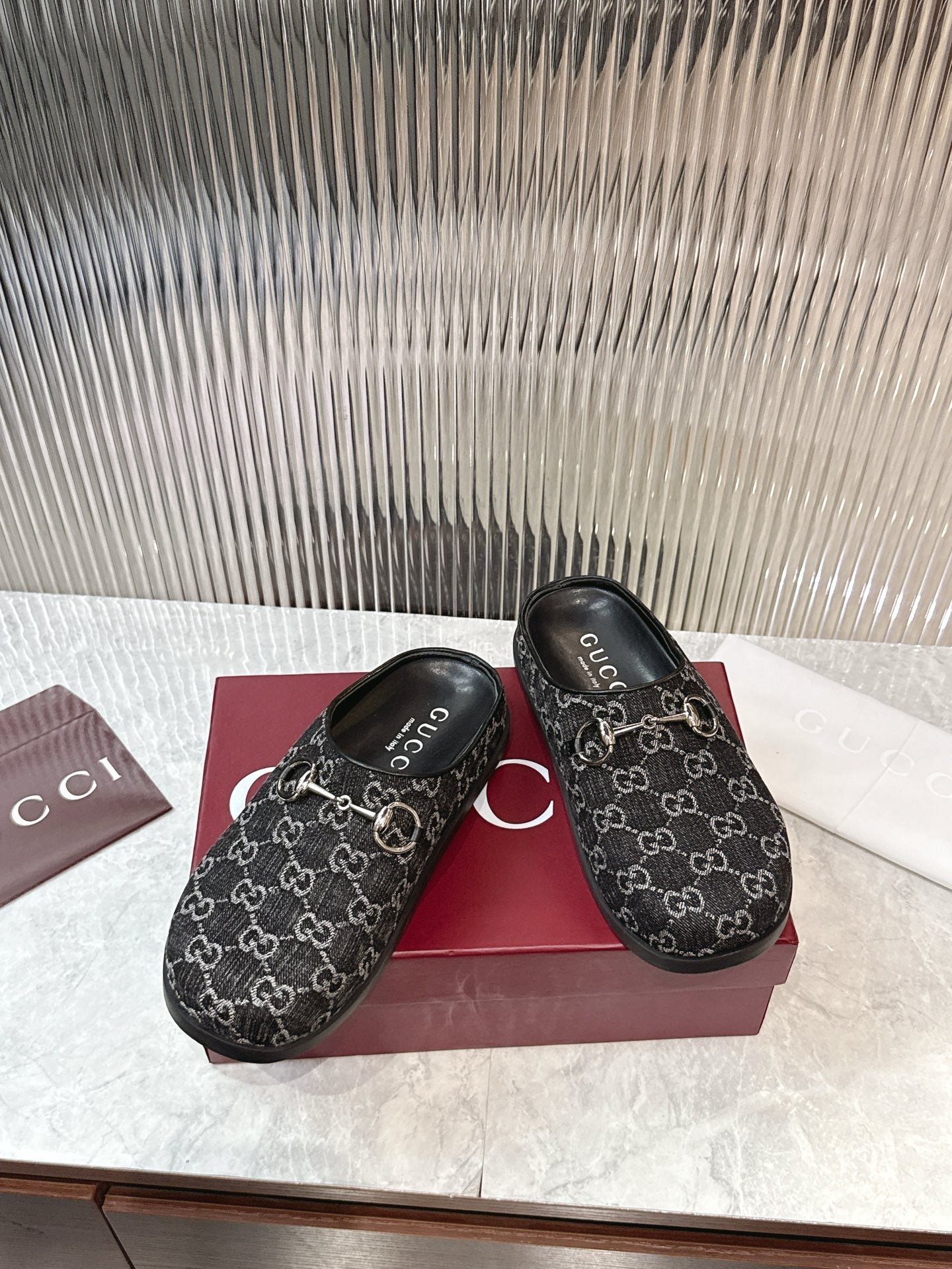 Gucci Horsebit Denim Mule – Black & Dark Grey GG Monogram Jacquard with Silver Hardware