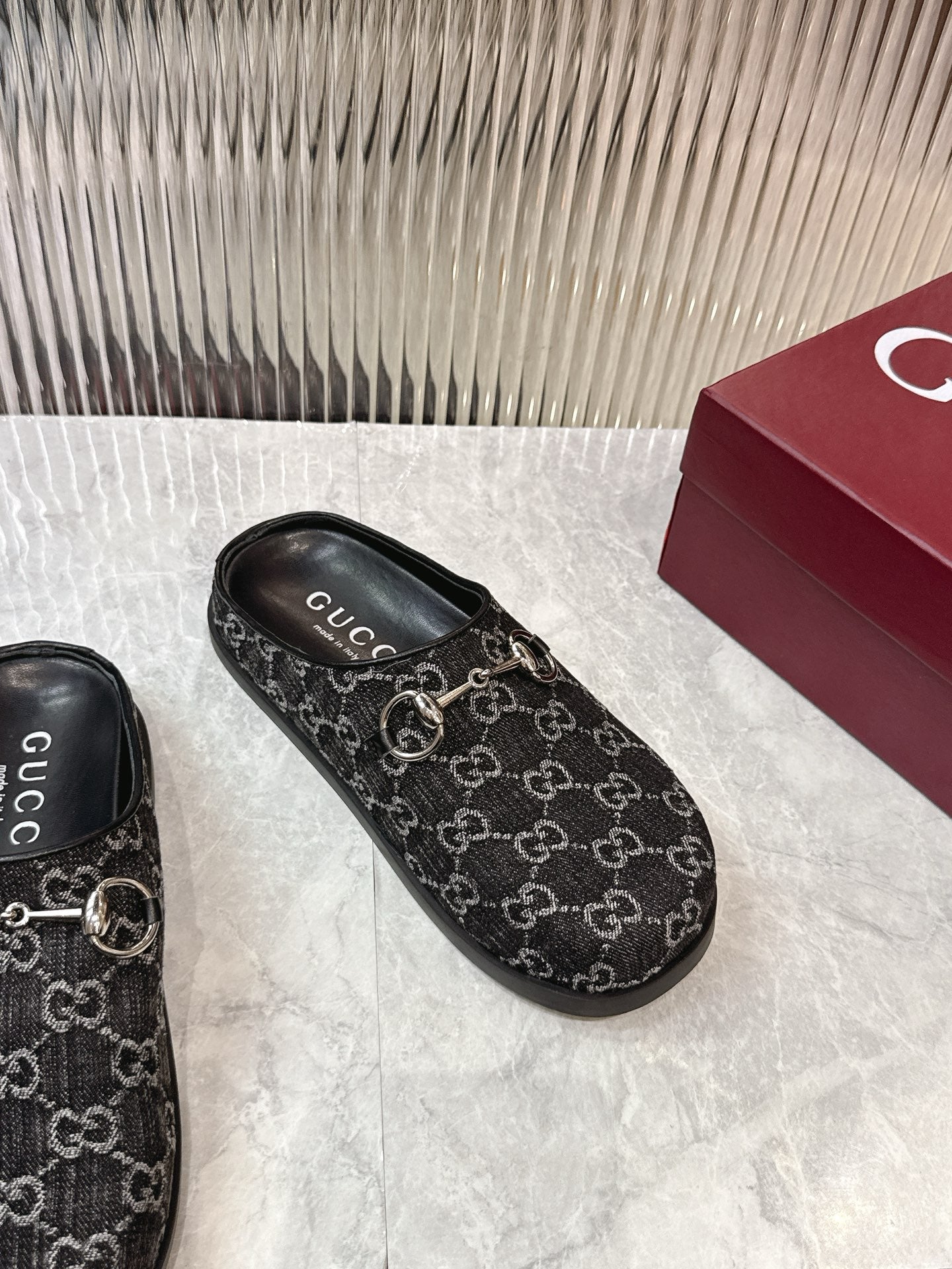 Gucci Horsebit Denim Mule – Black & Dark Grey GG Monogram Jacquard with Silver Hardware