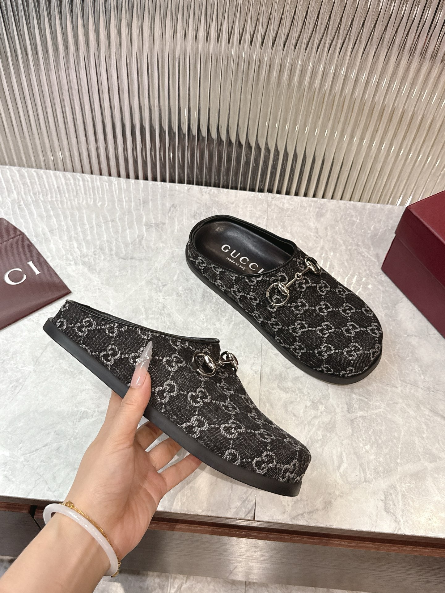Gucci Horsebit Denim Mule – Black & Dark Grey GG Monogram Jacquard with Silver Hardware