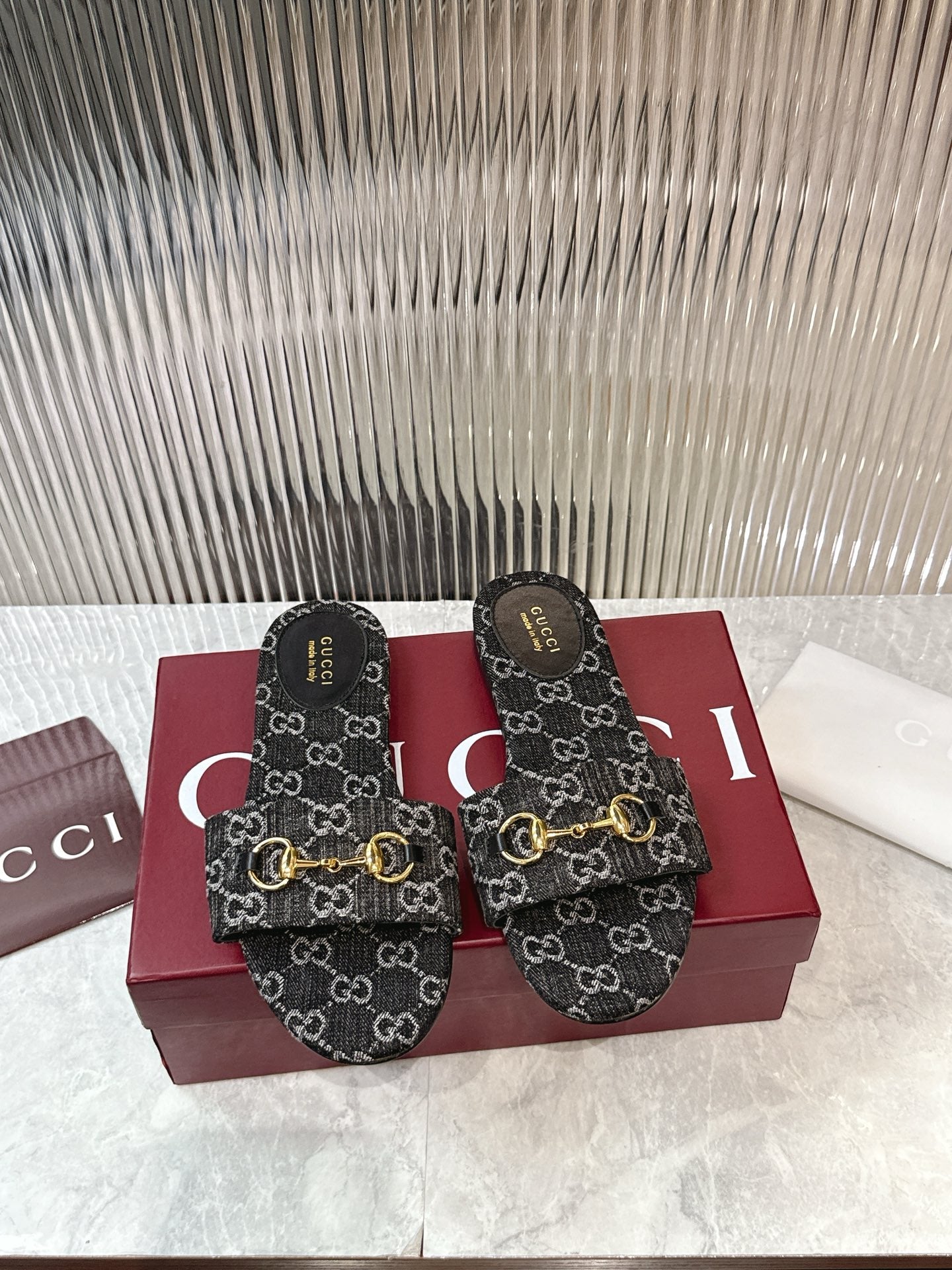 Horsebit Denim Slide – Black & Dark Grey GG Monogram Jacquard with Light Gold Hardware