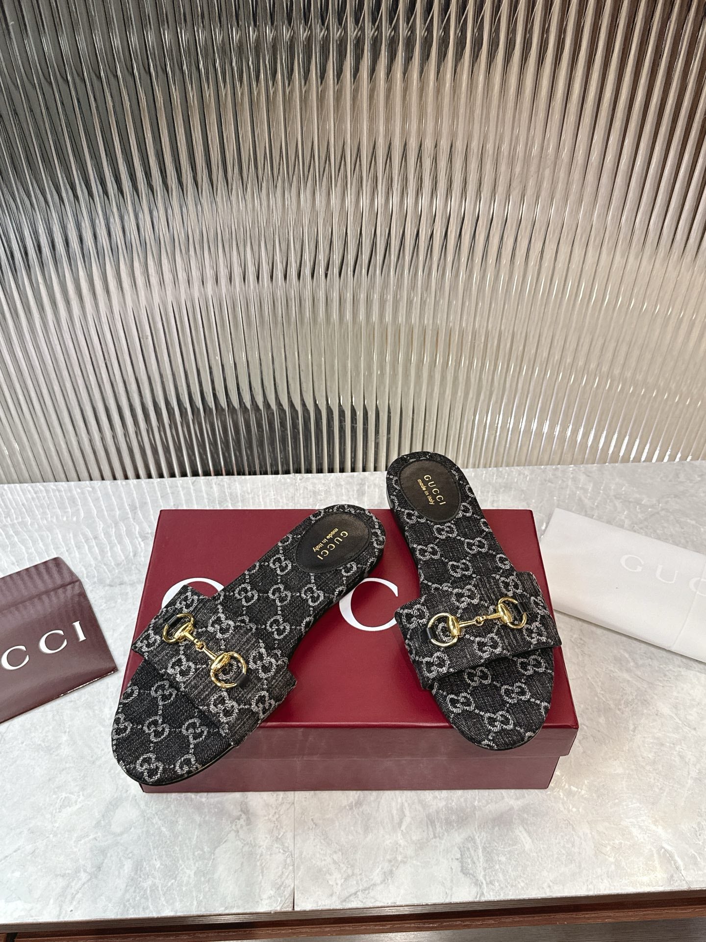 Horsebit Denim Slide – Black & Dark Grey GG Monogram Jacquard with Light Gold Hardware