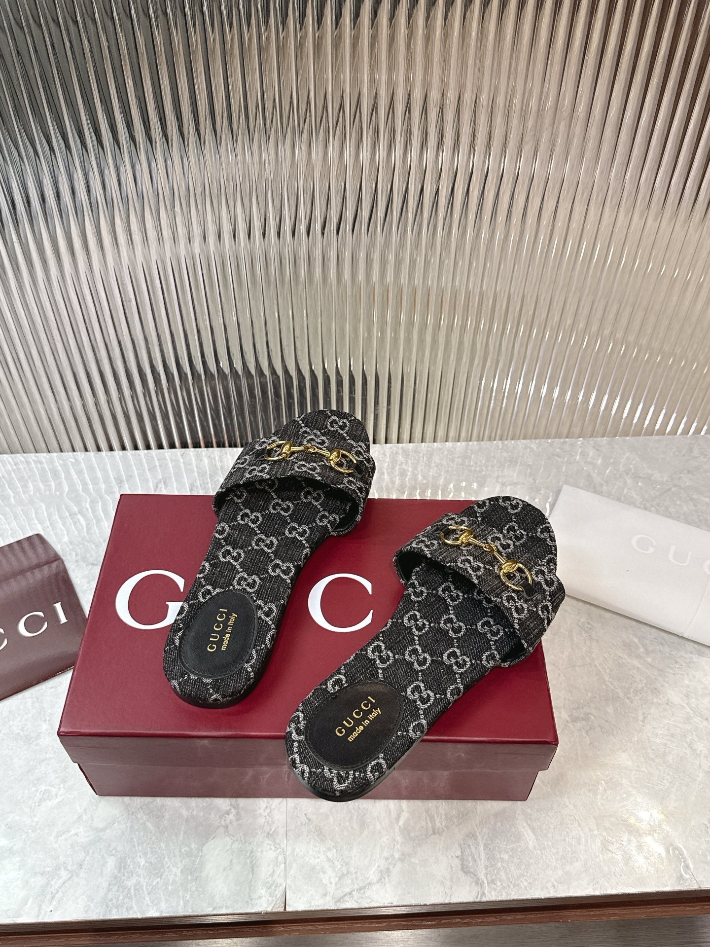 Horsebit Denim Slide – Black & Dark Grey GG Monogram Jacquard with Light Gold Hardware