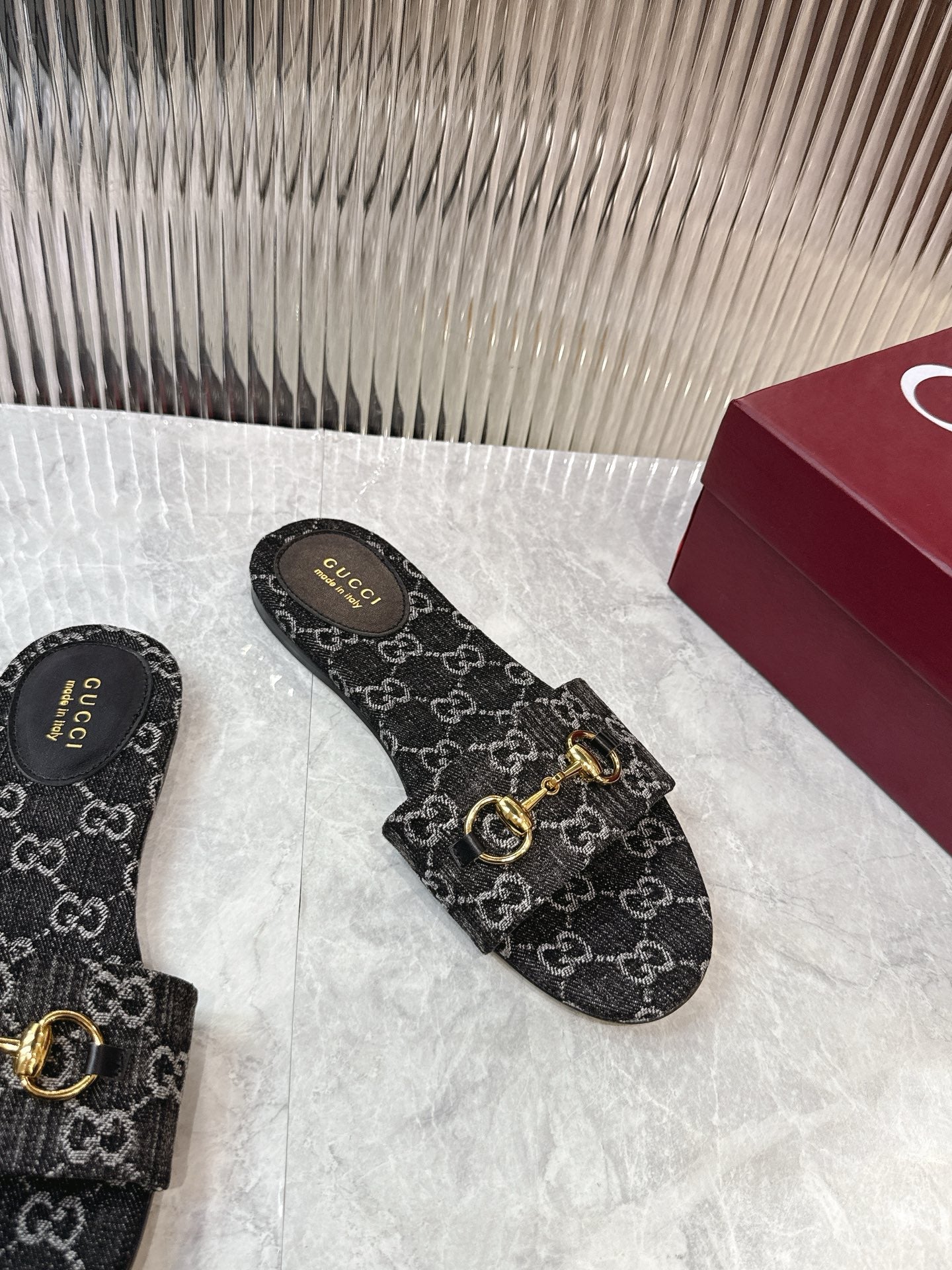 Horsebit Denim Slide – Black & Dark Grey GG Monogram Jacquard with Light Gold Hardware