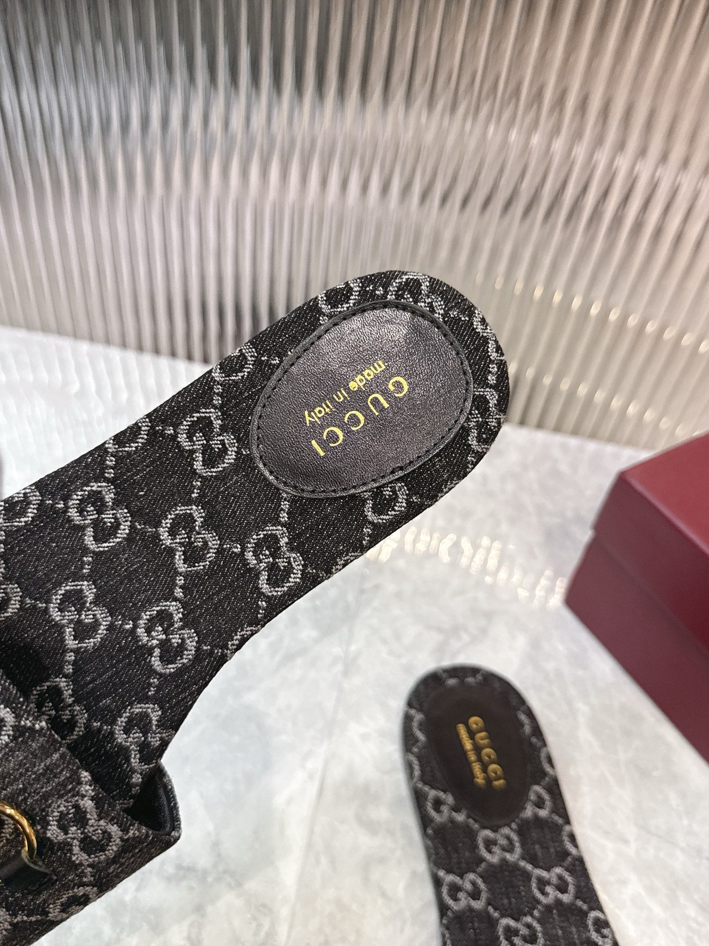 Horsebit Denim Slide – Black & Dark Grey GG Monogram Jacquard with Light Gold Hardware