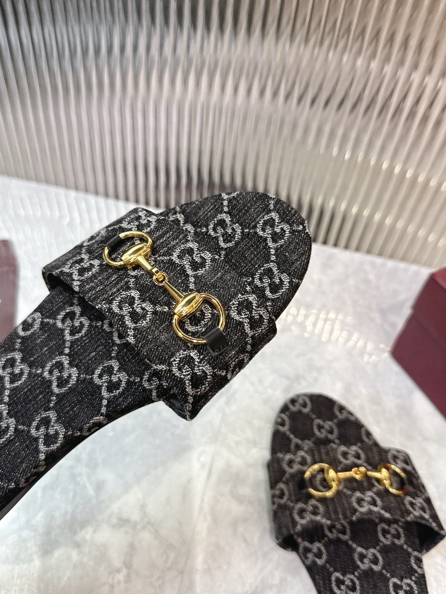 Horsebit Denim Slide – Black & Dark Grey GG Monogram Jacquard with Light Gold Hardware