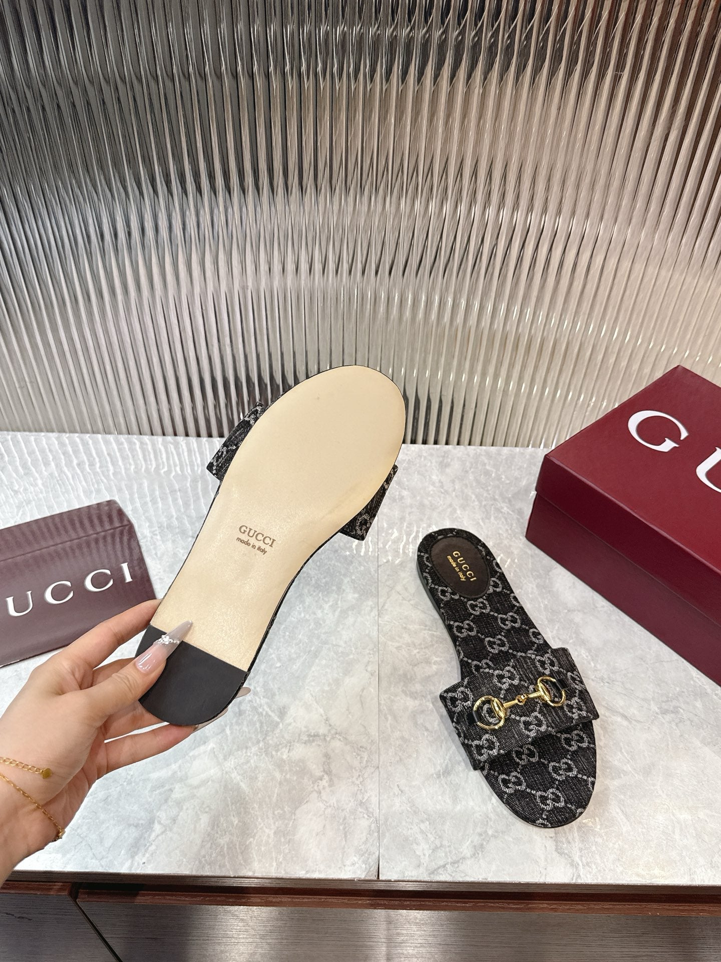 Horsebit Denim Slide – Black & Dark Grey GG Monogram Jacquard with Light Gold Hardware
