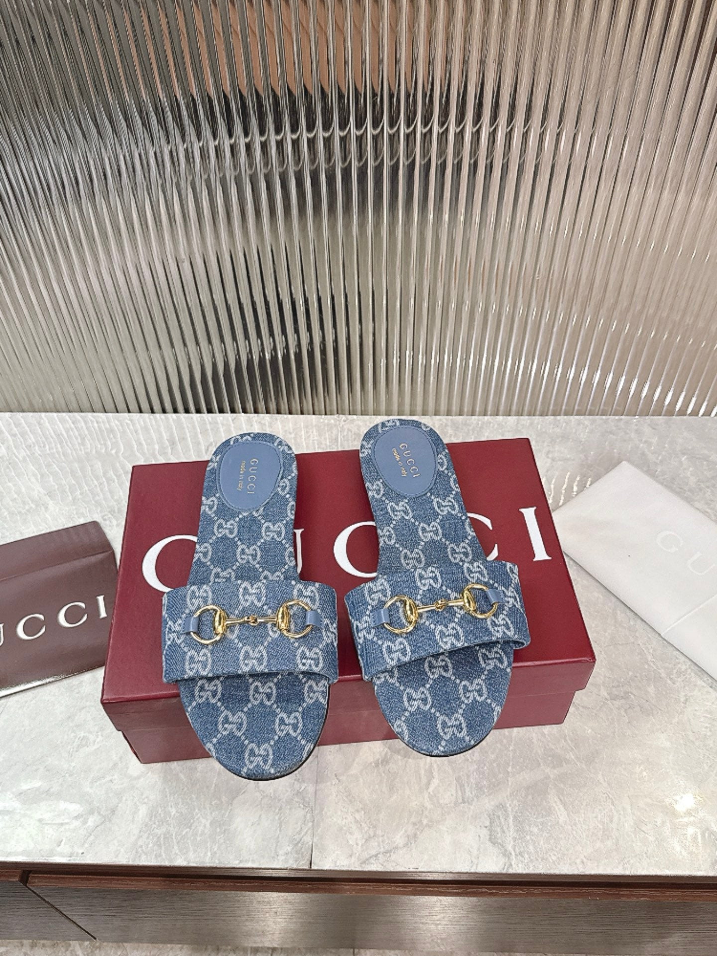 Horsebit Denim Slide – Blue GG Monogram Jacquard with Light Gold-Toned Hardware