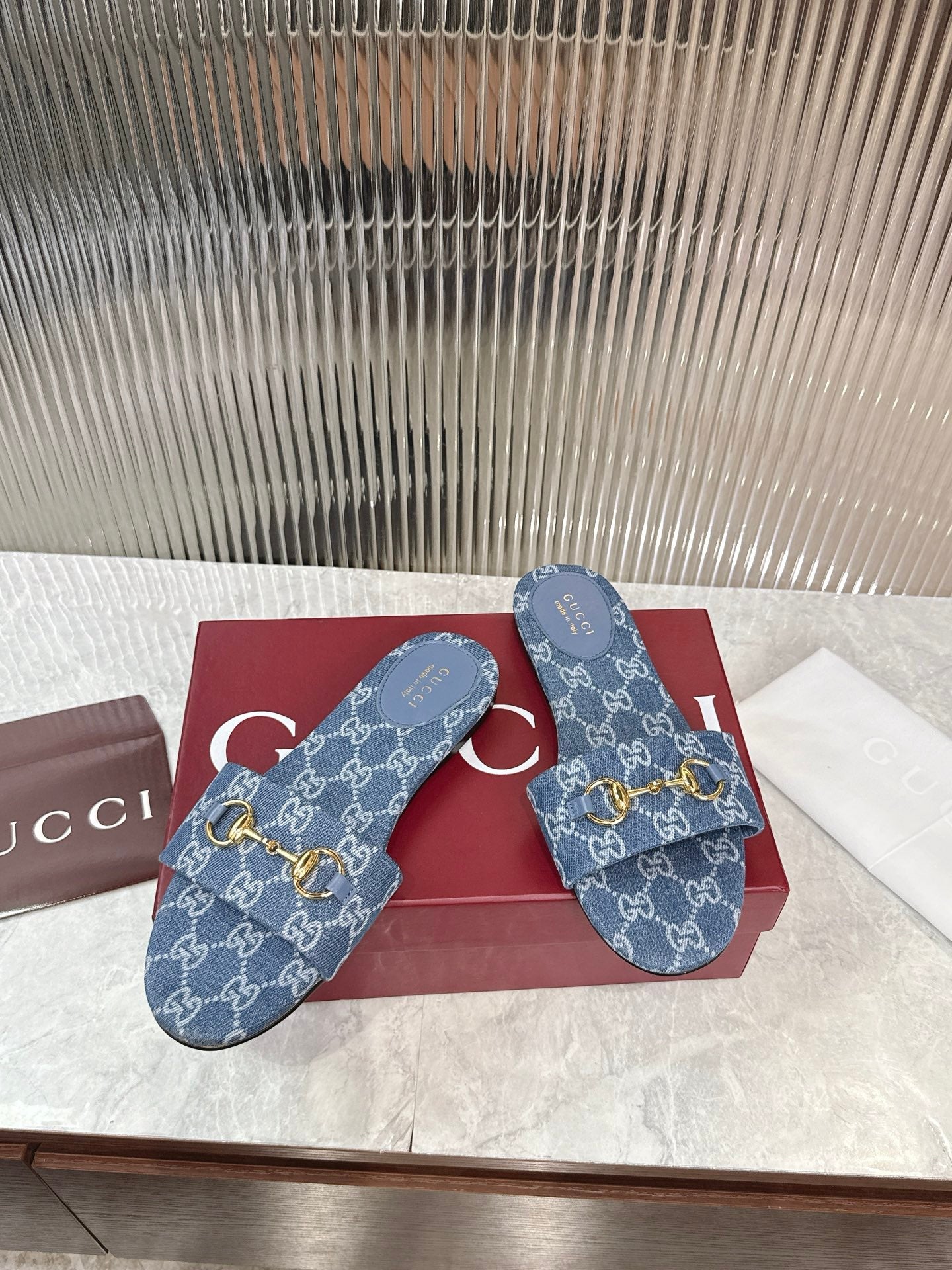 Horsebit Denim Slide – Blue GG Monogram Jacquard with Light Gold-Toned Hardware