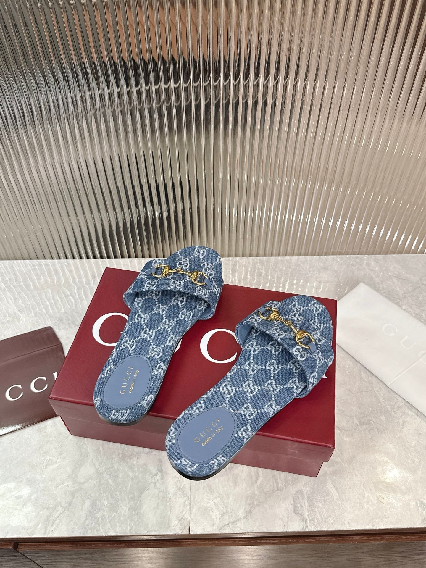 Horsebit Denim Slide – Blue GG Monogram Jacquard with Light Gold-Toned Hardware