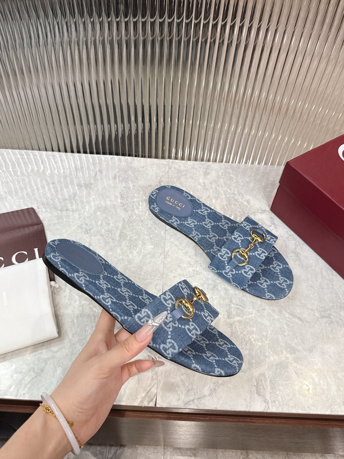 Horsebit Denim Slide – Blue GG Monogram Jacquard with Light Gold-Toned Hardware
