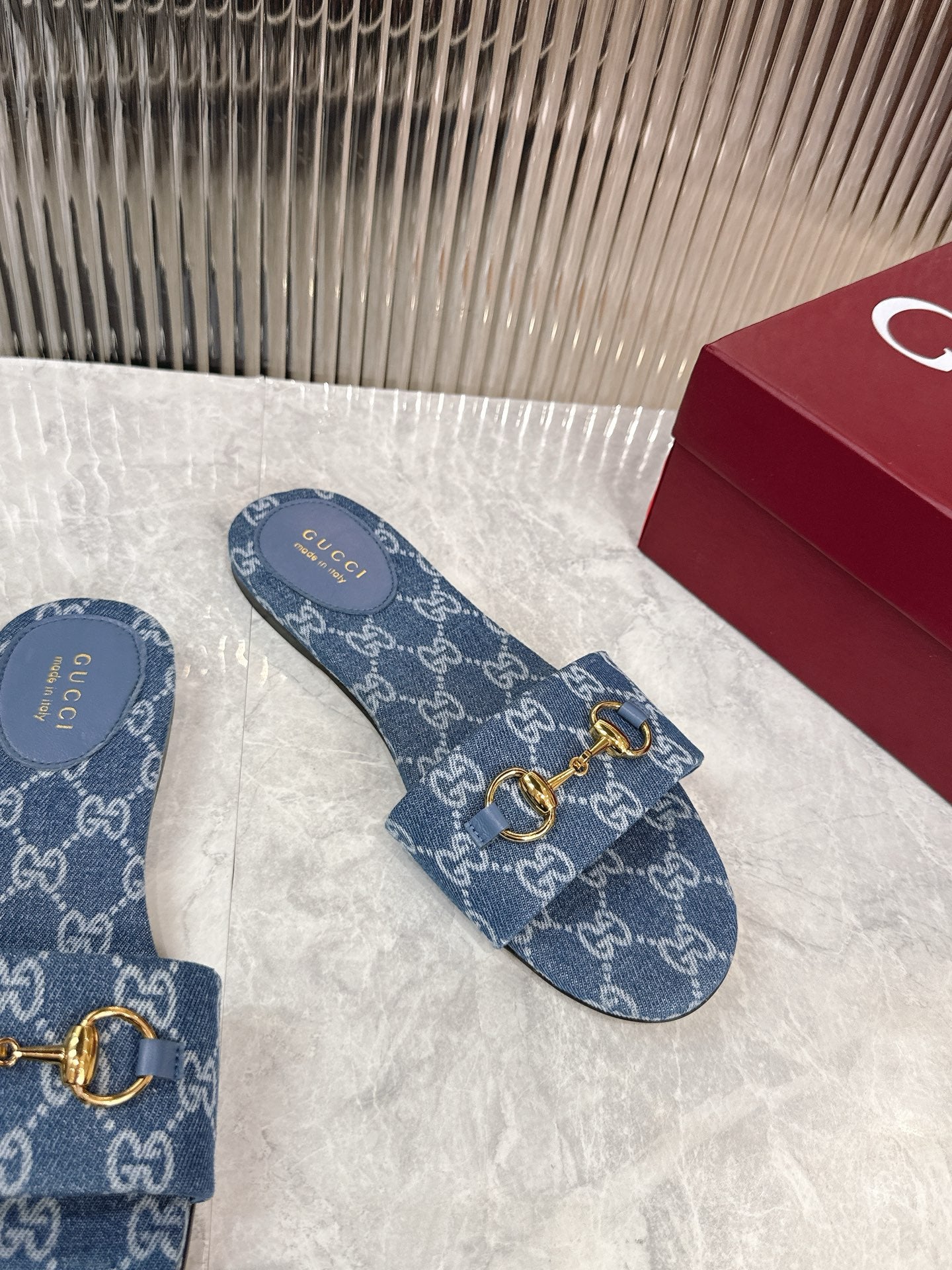 Horsebit Denim Slide – Blue GG Monogram Jacquard with Light Gold-Toned Hardware