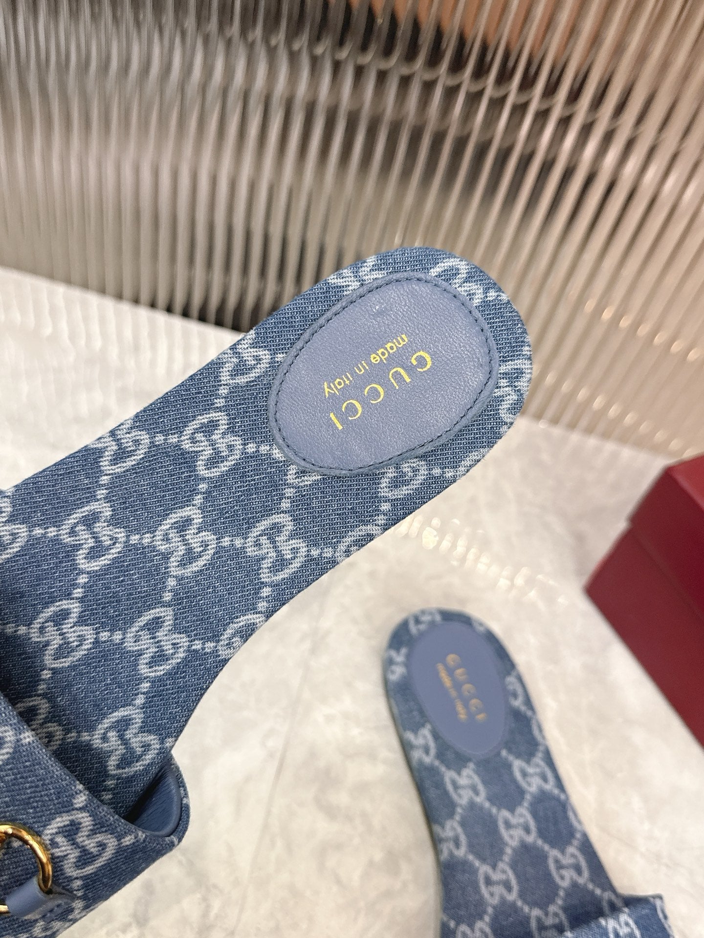 Horsebit Denim Slide – Blue GG Monogram Jacquard with Light Gold-Toned Hardware