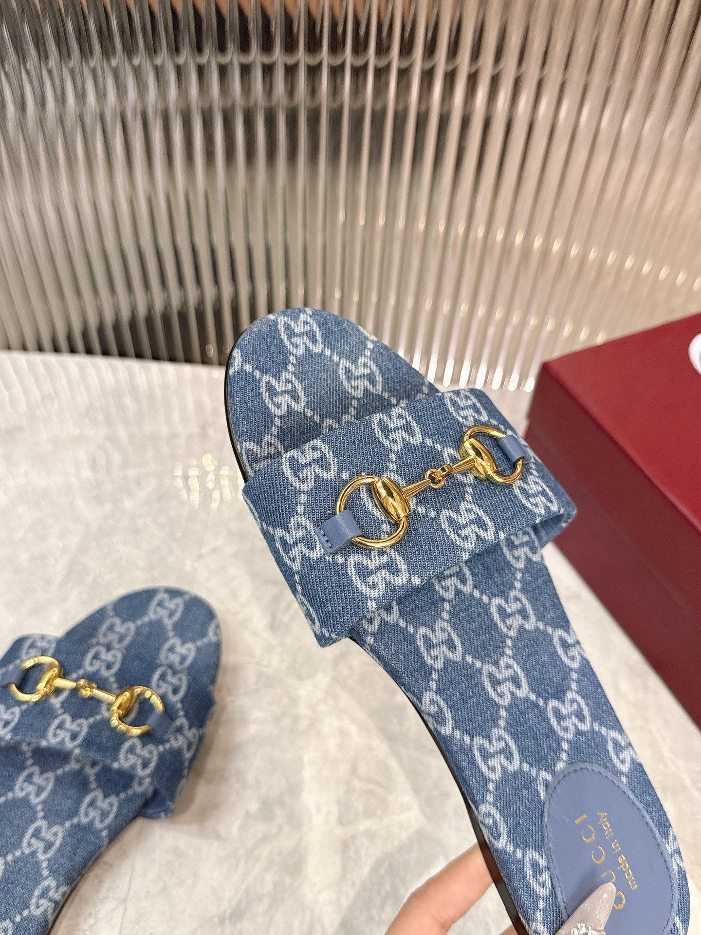 Horsebit Denim Slide – Blue GG Monogram Jacquard with Light Gold-Toned Hardware