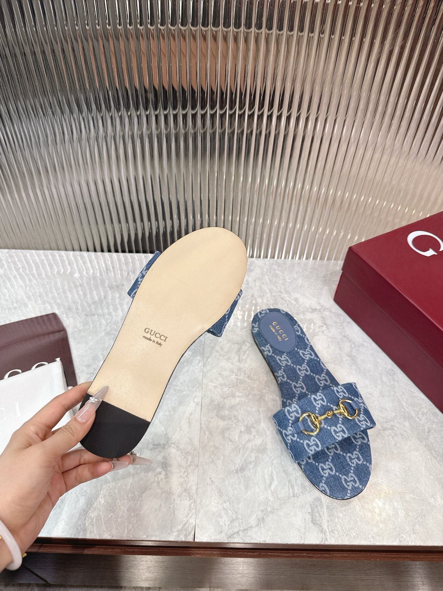 Horsebit Denim Slide – Blue GG Monogram Jacquard with Light Gold-Toned Hardware