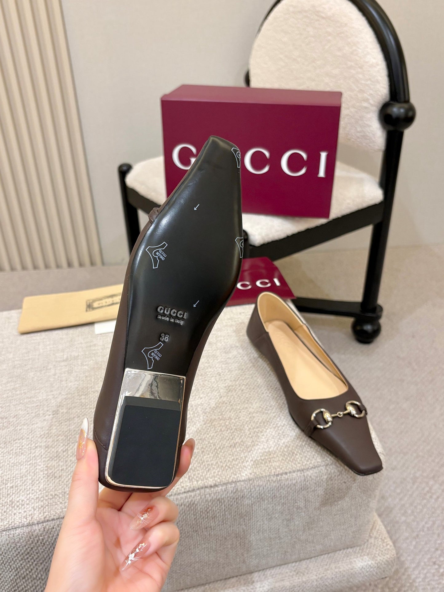 GG Horsebit Leather Square Toe Ballet Flats – Espresso Brown Full-Grain Calfskin Loafer Mules