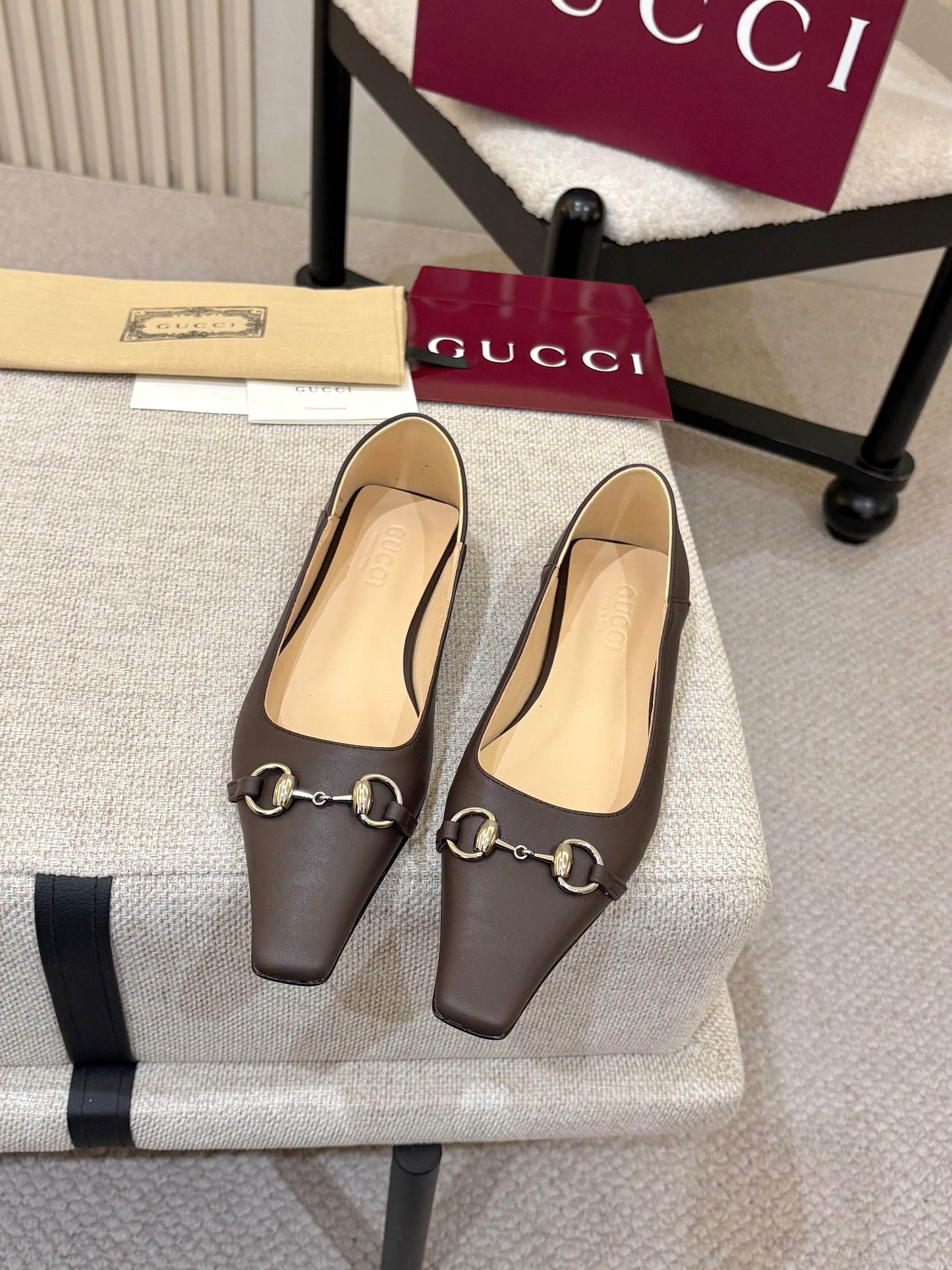 GG Horsebit Leather Square Toe Ballet Flats – Espresso Brown Full-Grain Calfskin Loafer Mules
