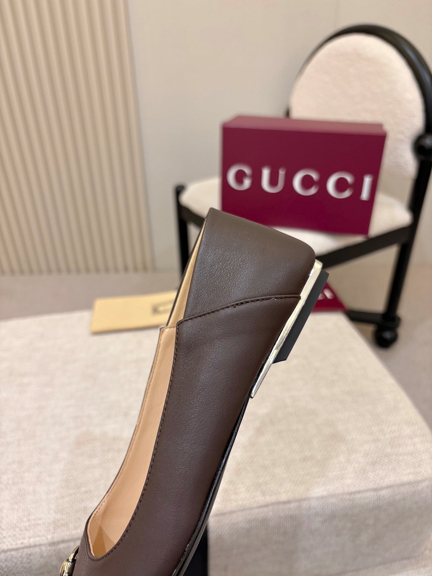 GG Horsebit Leather Square Toe Ballet Flats – Espresso Brown Full-Grain Calfskin Loafer Mules