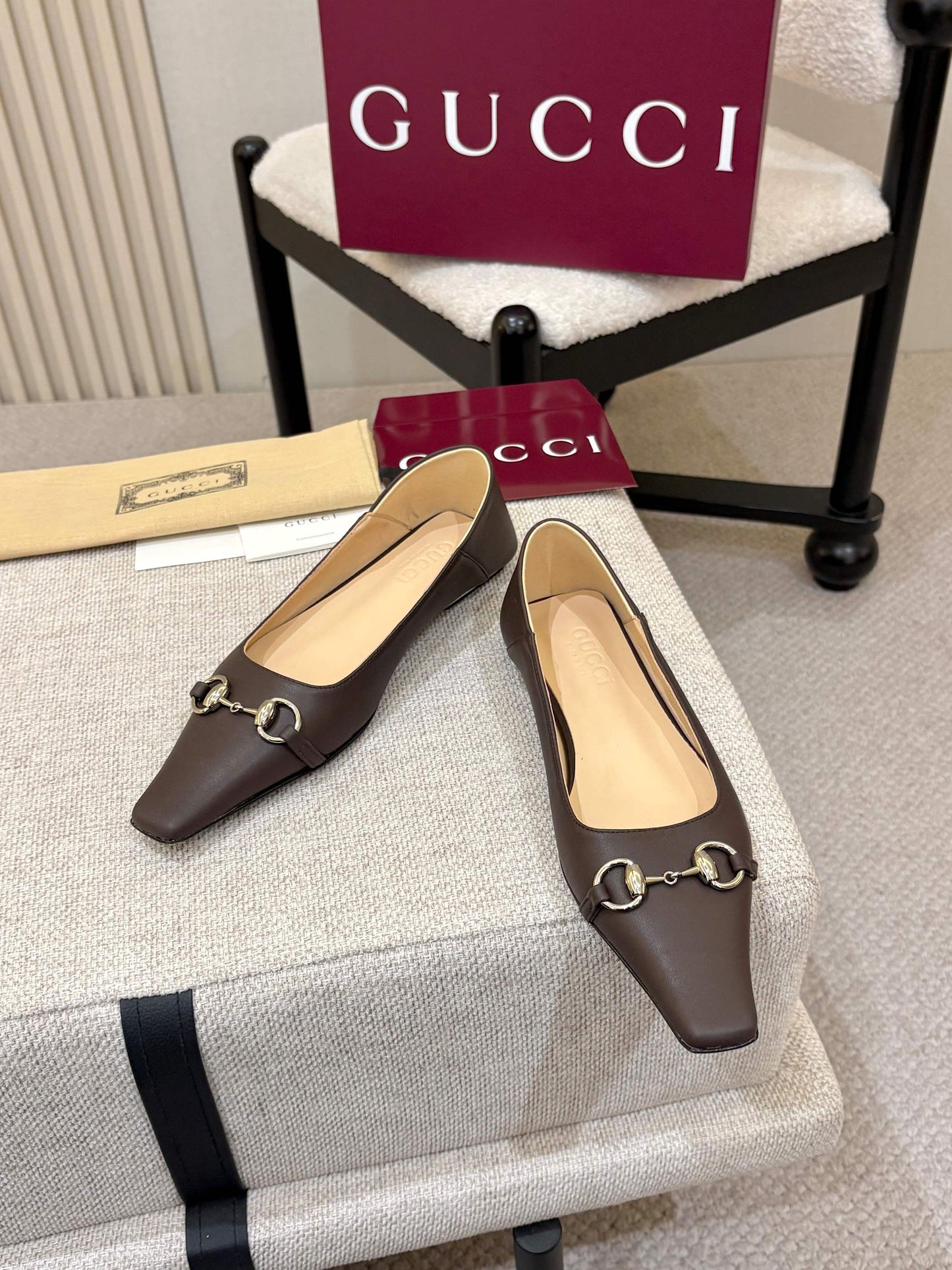 GG Horsebit Leather Square Toe Ballet Flats – Espresso Brown Full-Grain Calfskin Loafer Mules