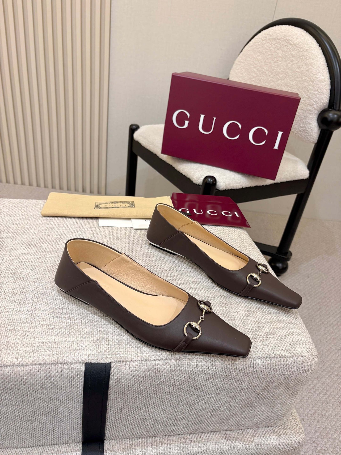 GG Horsebit Leather Square Toe Ballet Flats – Espresso Brown Full-Grain Calfskin Loafer Mules