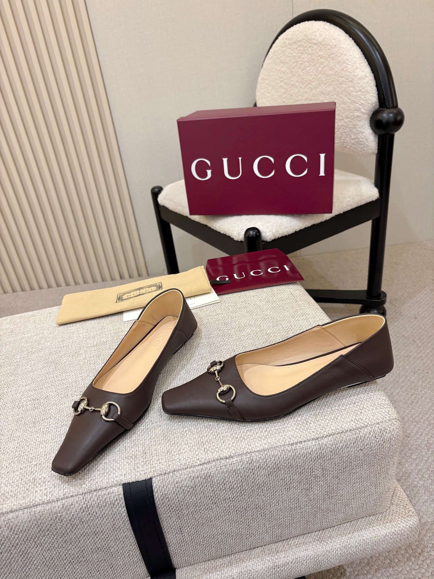 GG Horsebit Leather Square Toe Ballet Flats – Espresso Brown Full-Grain Calfskin Loafer Mules