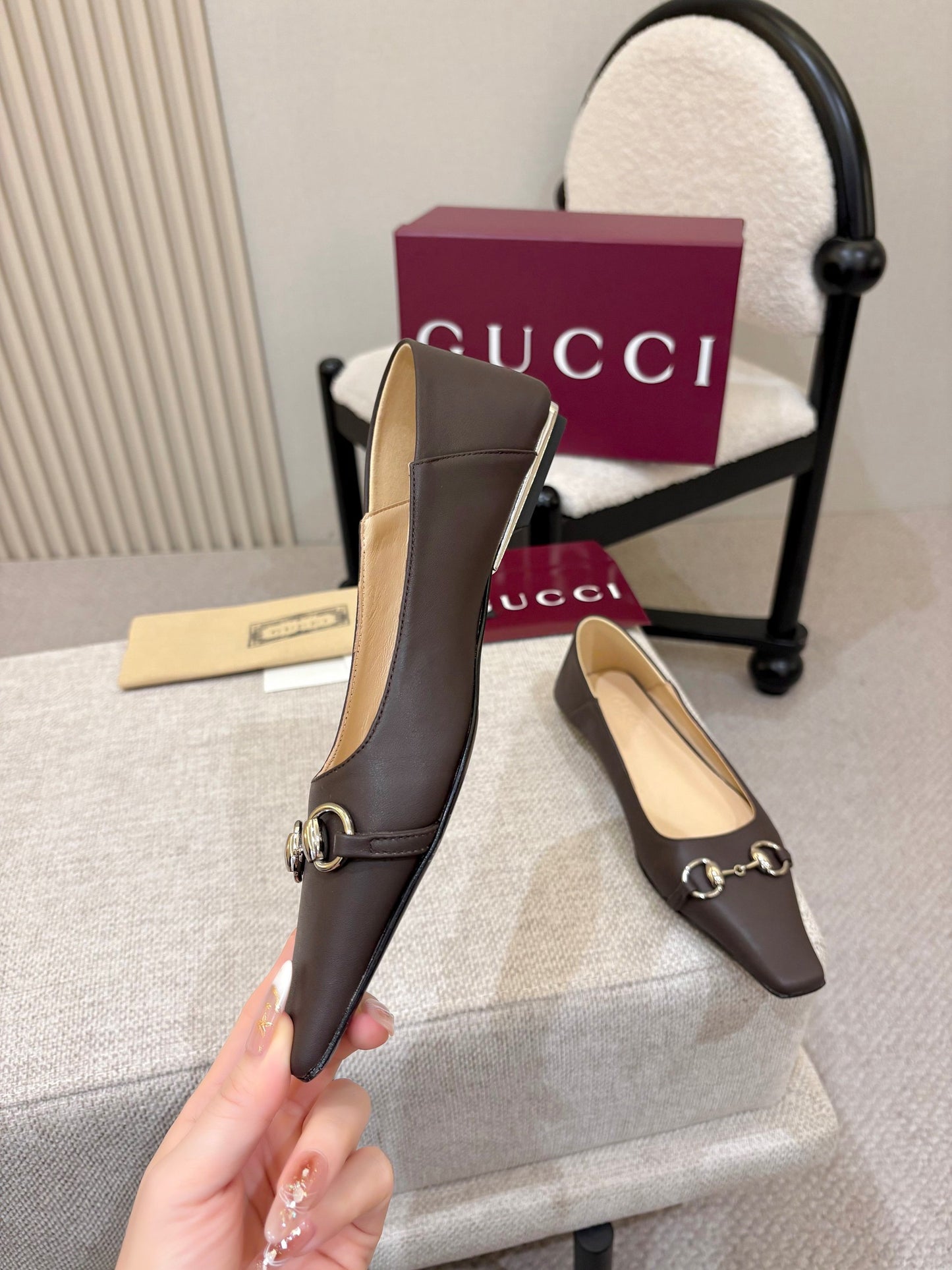 GG Horsebit Leather Square Toe Ballet Flats – Espresso Brown Full-Grain Calfskin Loafer Mules