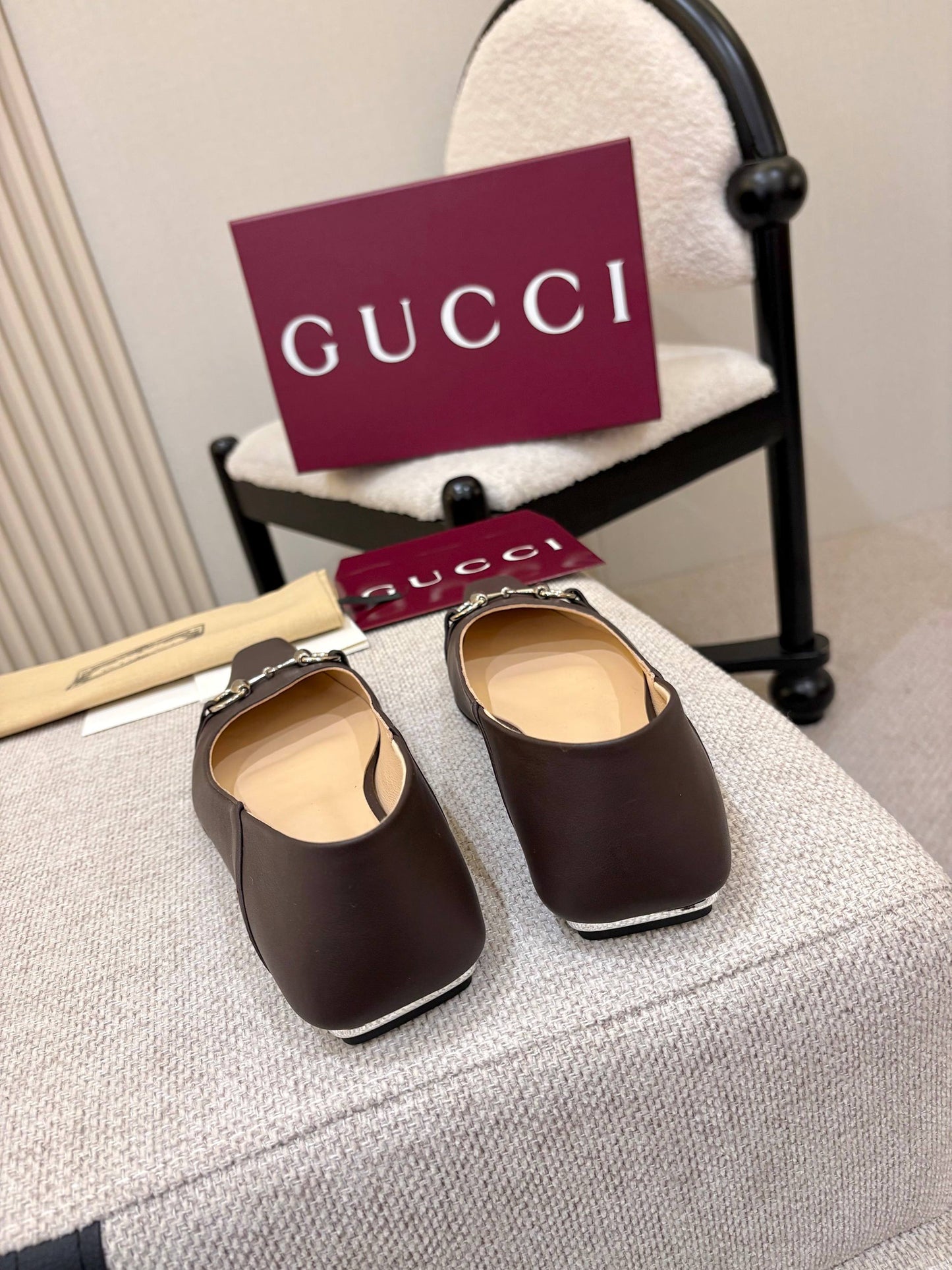 GG Horsebit Leather Square Toe Ballet Flats – Espresso Brown Full-Grain Calfskin Loafer Mules