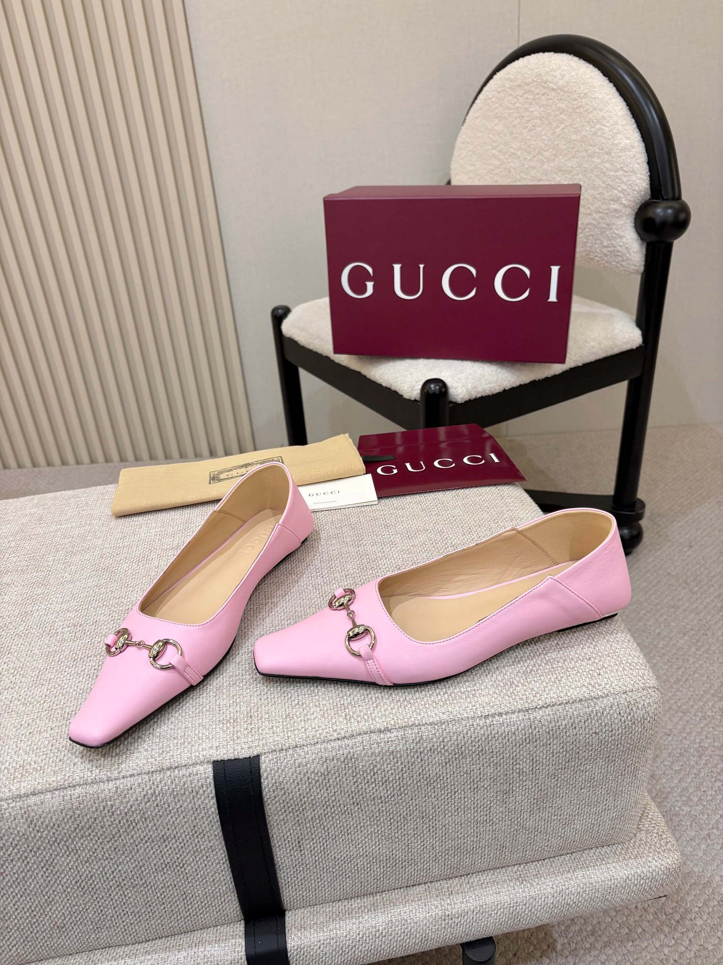 GG Horsebit Leather Square Toe Ballet Flats – Bubblegum Pastel Pink Full-Grain Calfskin