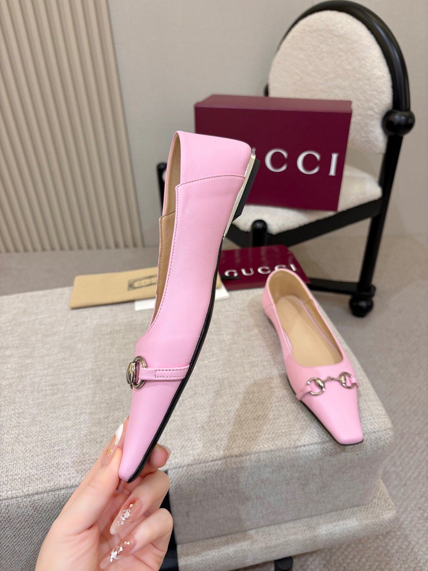 GG Horsebit Leather Square Toe Ballet Flats – Bubblegum Pastel Pink Full-Grain Calfskin