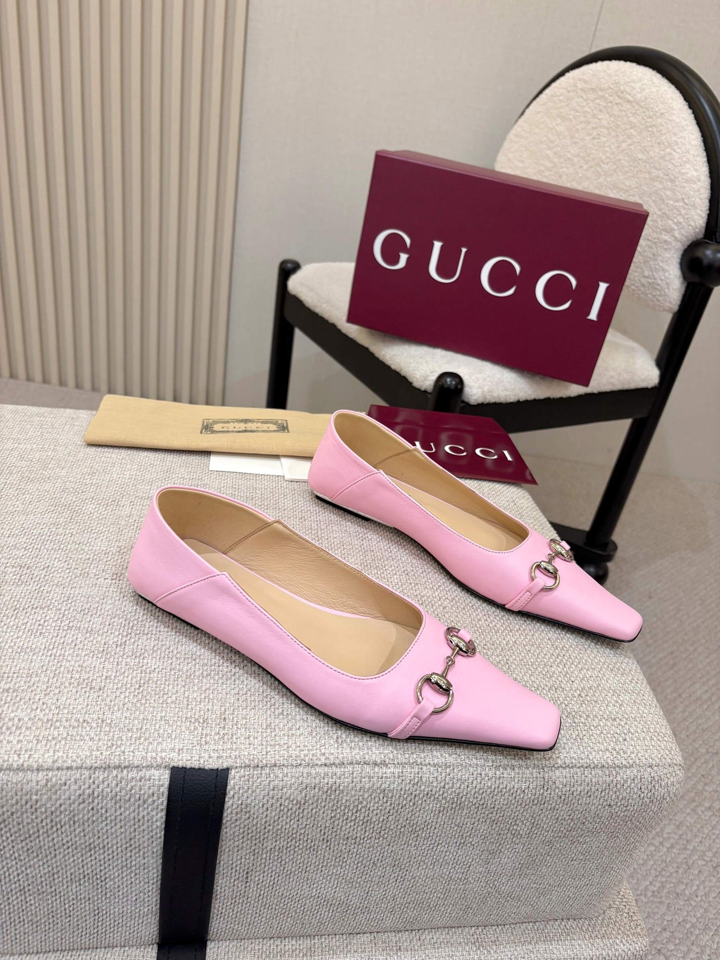 GG Horsebit Leather Square Toe Ballet Flats – Bubblegum Pastel Pink Full-Grain Calfskin