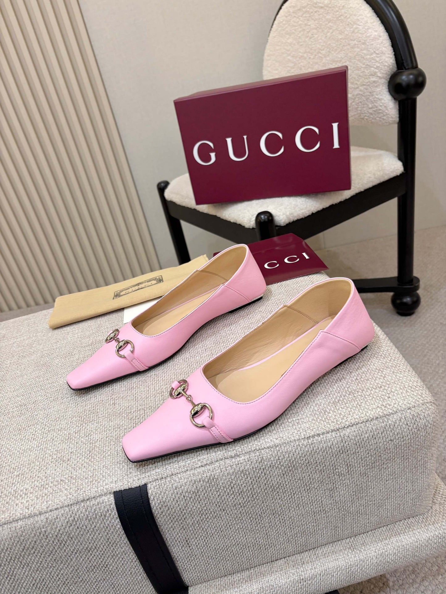 GG Horsebit Leather Square Toe Ballet Flats – Bubblegum Pastel Pink Full-Grain Calfskin