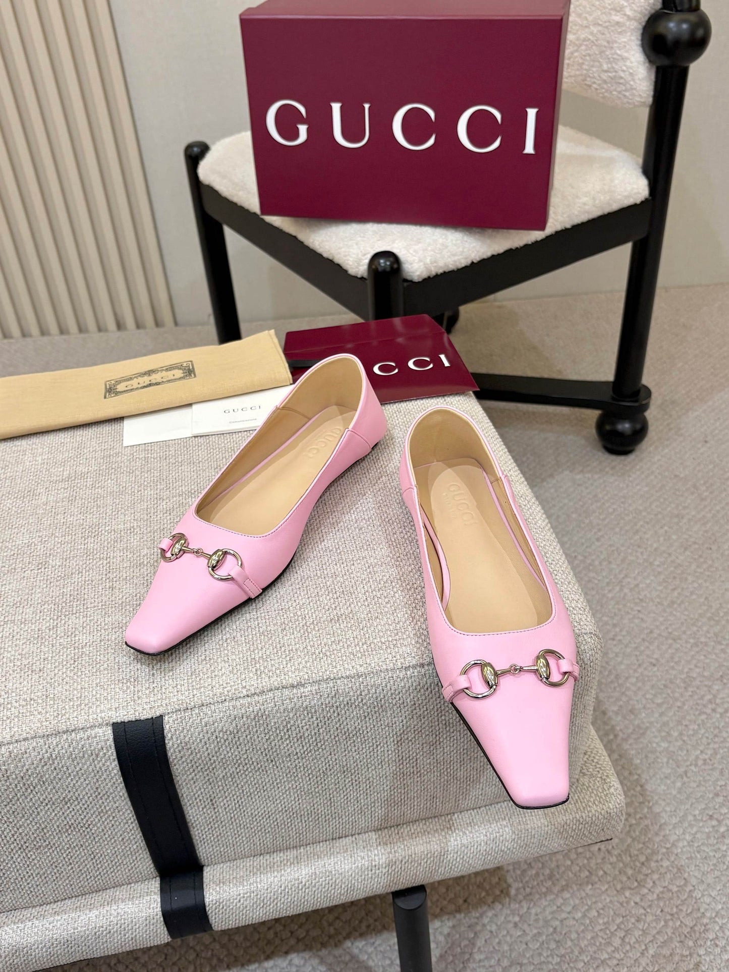 GG Horsebit Leather Square Toe Ballet Flats – Bubblegum Pastel Pink Full-Grain Calfskin