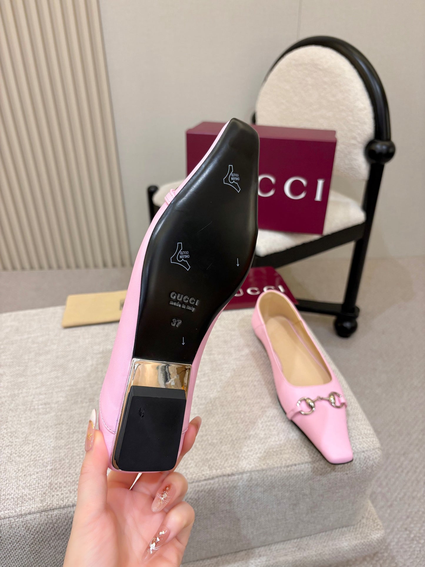 GG Horsebit Leather Square Toe Ballet Flats – Bubblegum Pastel Pink Full-Grain Calfskin