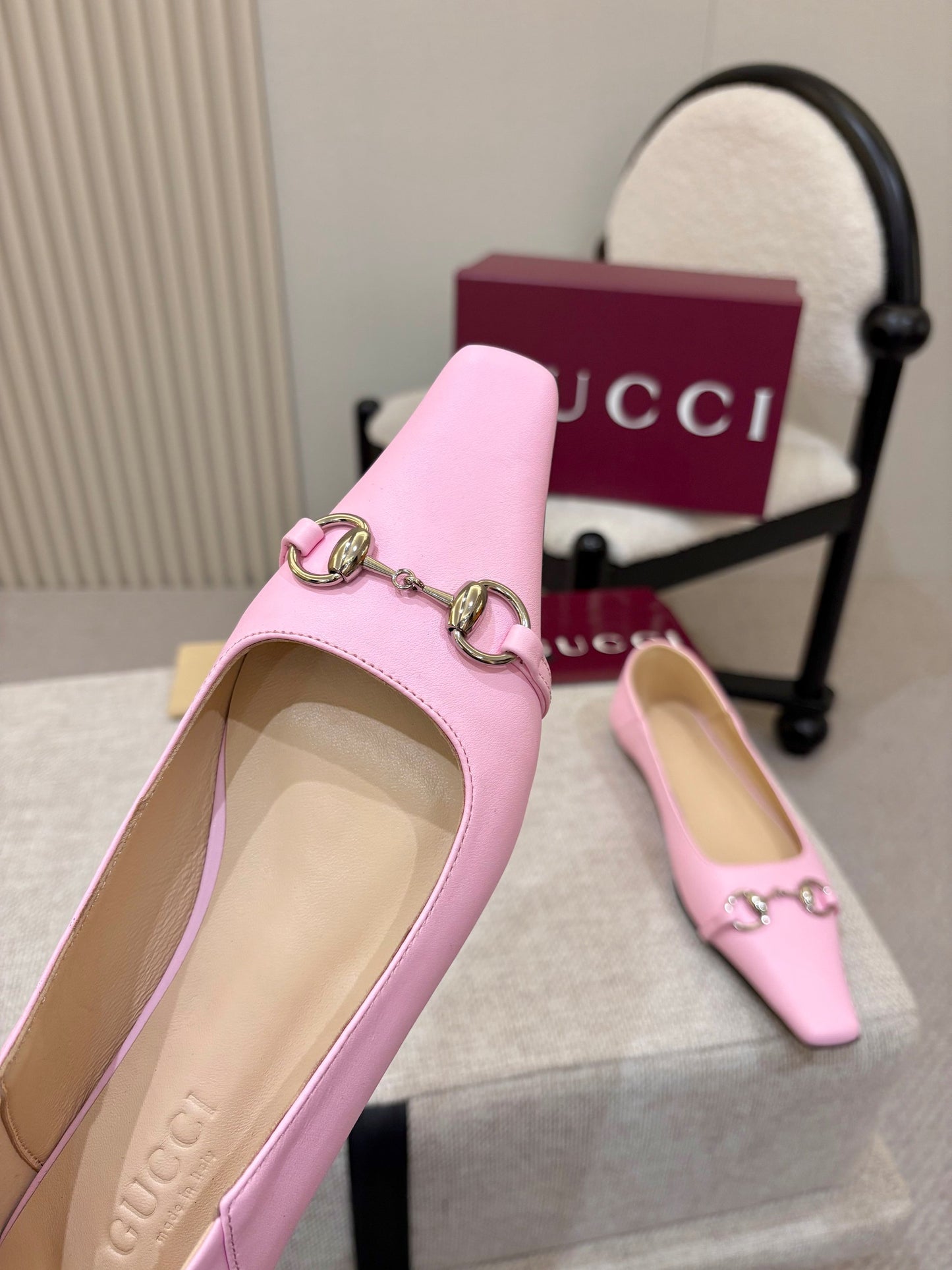 GG Horsebit Leather Square Toe Ballet Flats – Bubblegum Pastel Pink Full-Grain Calfskin