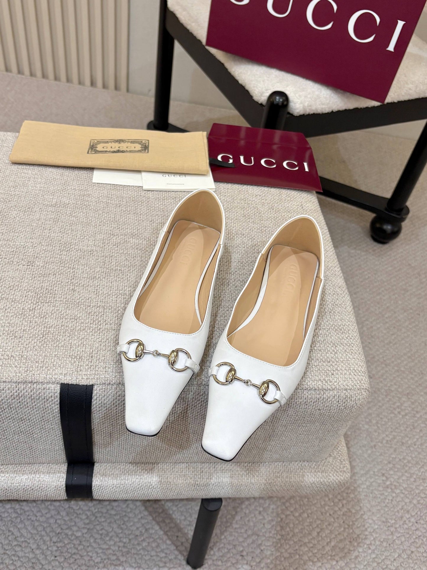 GG Horsebit Leather Square Toe Ballet Flats – Optic White Full-Grain Calfskin Ballerinas