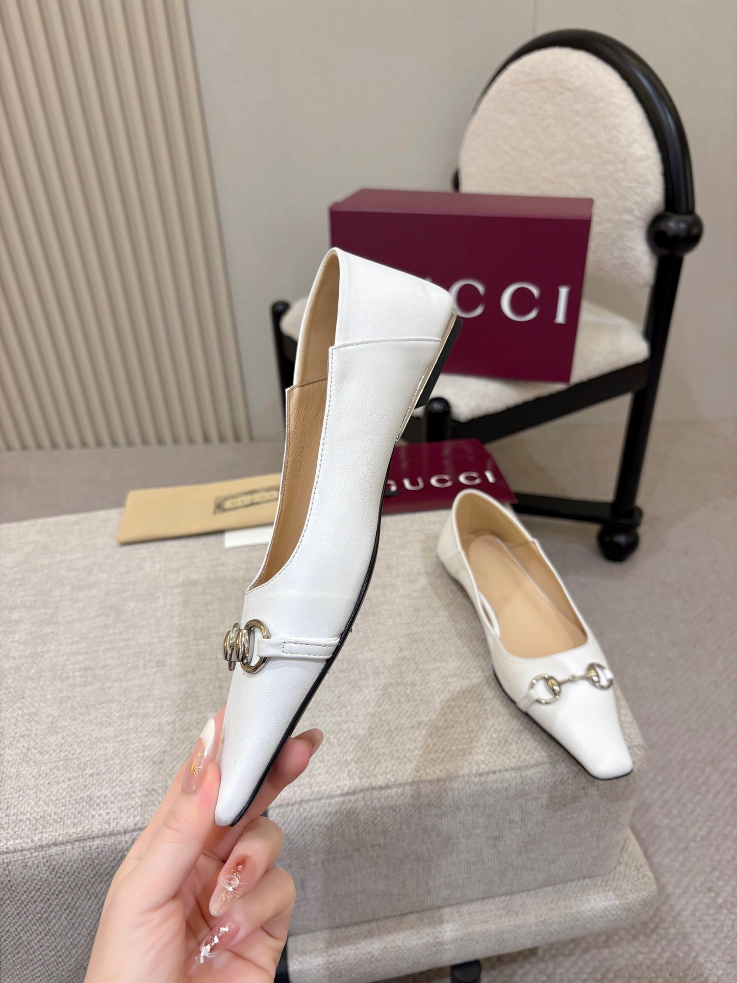 GG Horsebit Leather Square Toe Ballet Flats – Optic White Full-Grain Calfskin Ballerinas