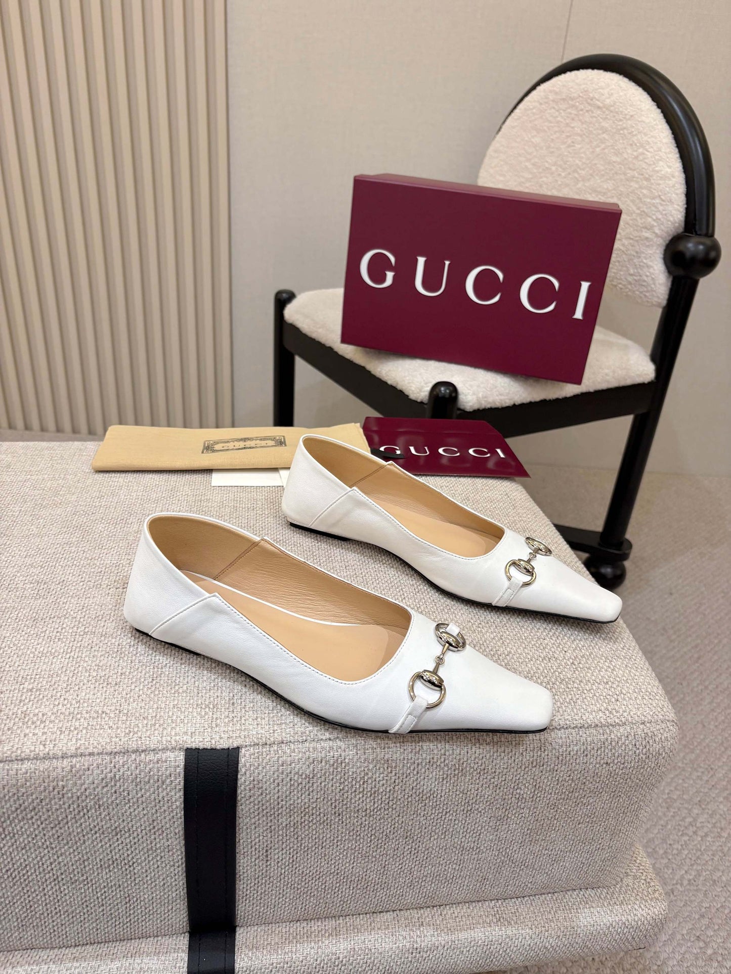 GG Horsebit Leather Square Toe Ballet Flats – Optic White Full-Grain Calfskin Ballerinas