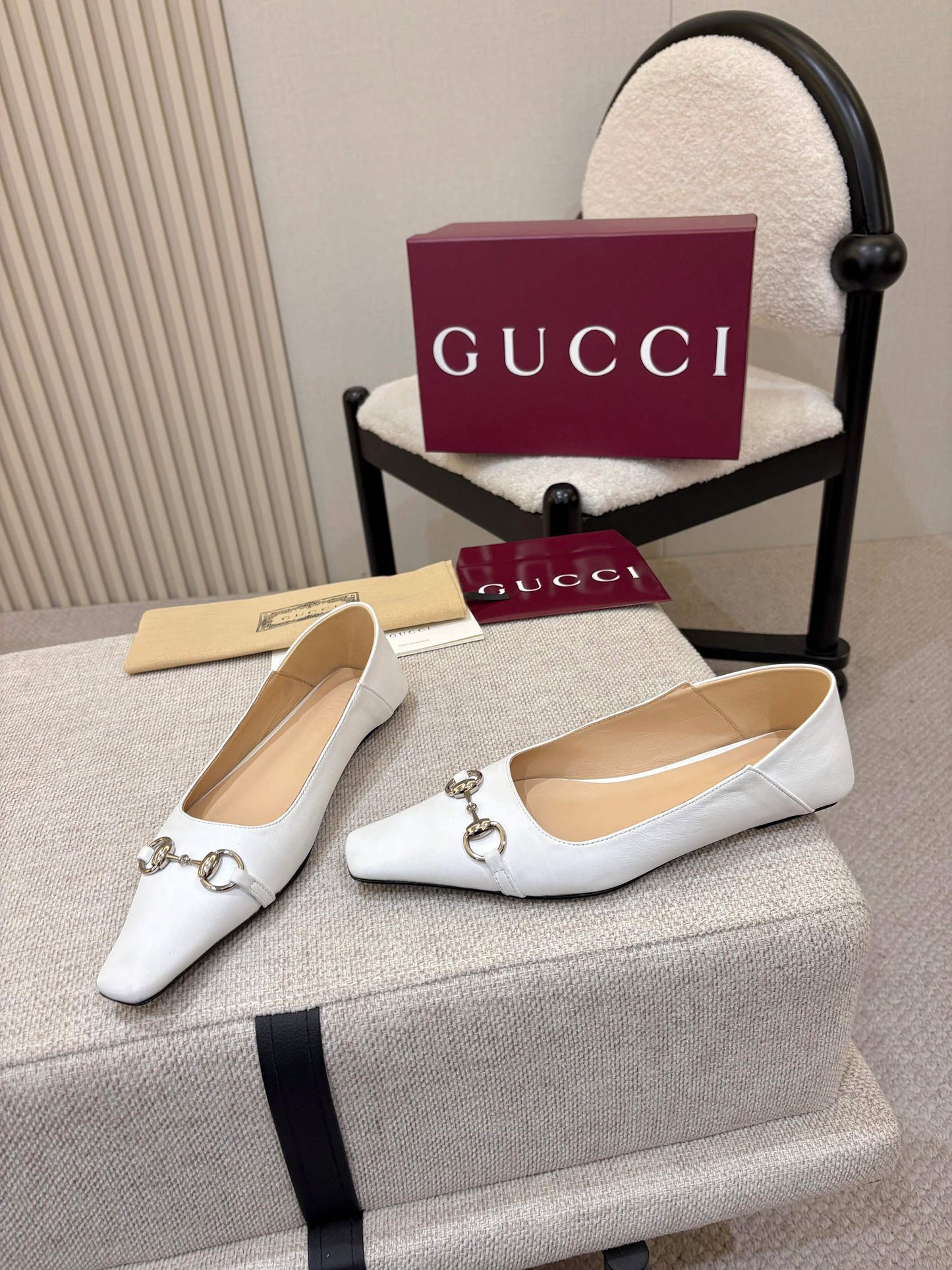 GG Horsebit Leather Square Toe Ballet Flats – Optic White Full-Grain Calfskin Ballerinas