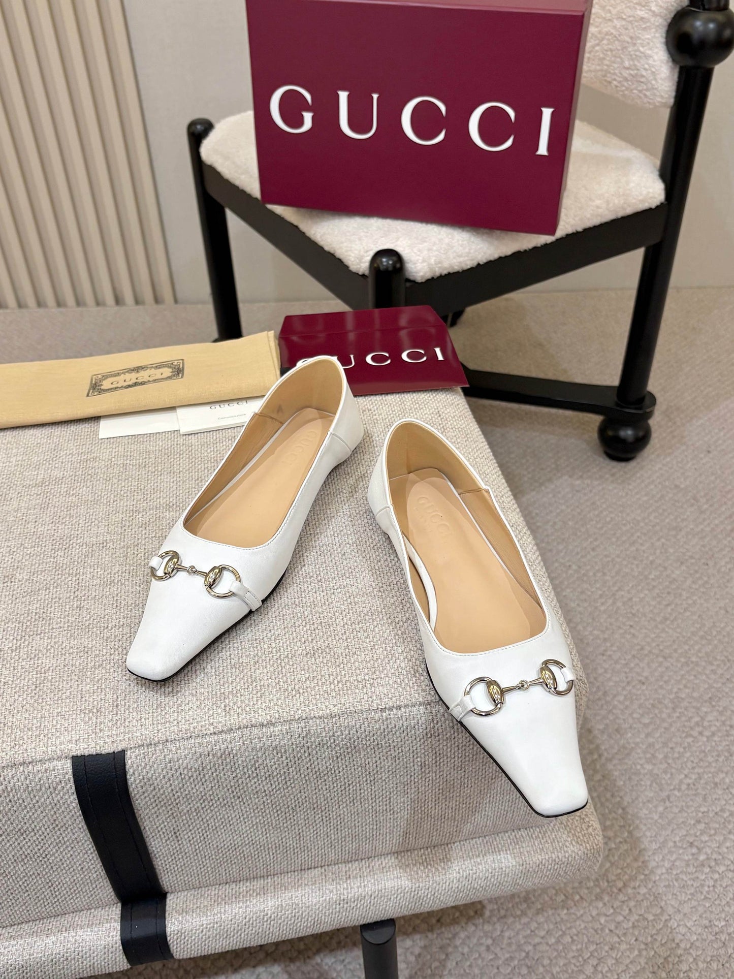 GG Horsebit Leather Square Toe Ballet Flats – Optic White Full-Grain Calfskin Ballerinas