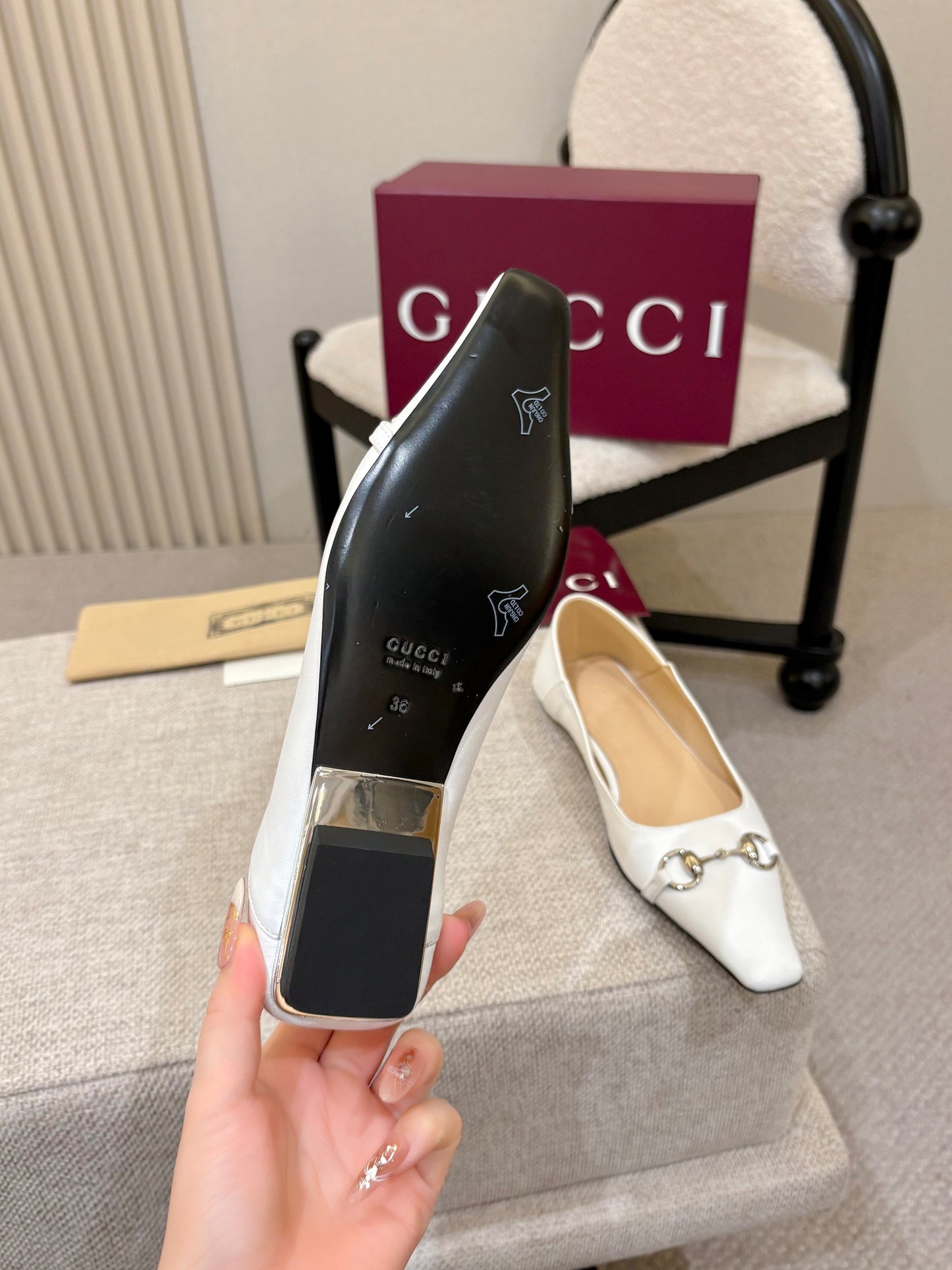 GG Horsebit Leather Square Toe Ballet Flats – Optic White Full-Grain Calfskin Ballerinas