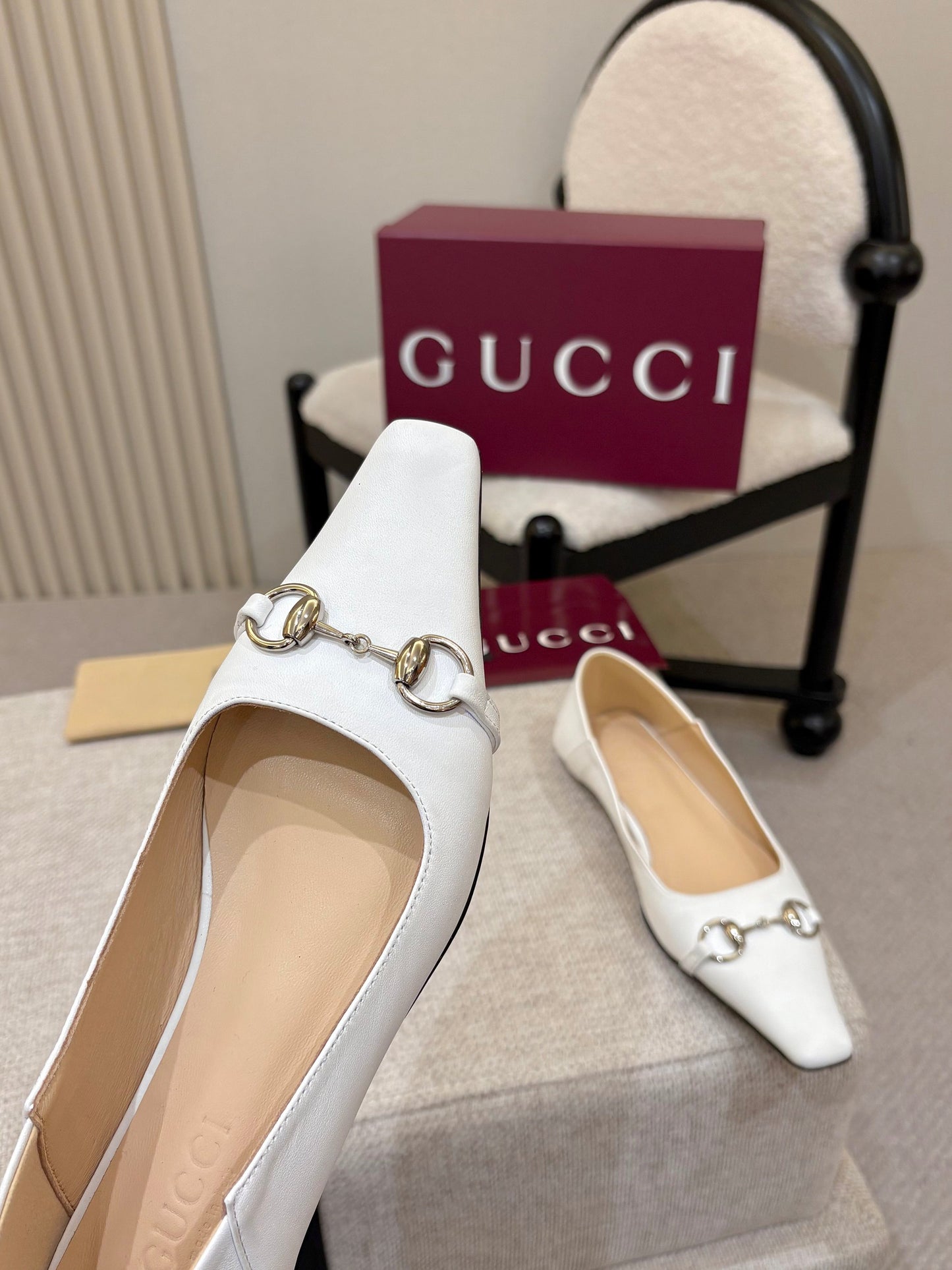 GG Horsebit Leather Square Toe Ballet Flats – Optic White Full-Grain Calfskin Ballerinas