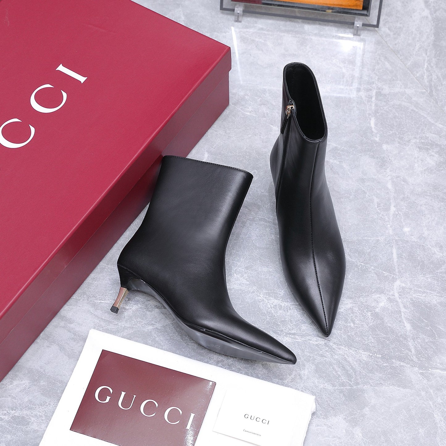 GG Smooth Leather Ankle Boots – Black Calfskin Pointed-Toe Ankle Boots
